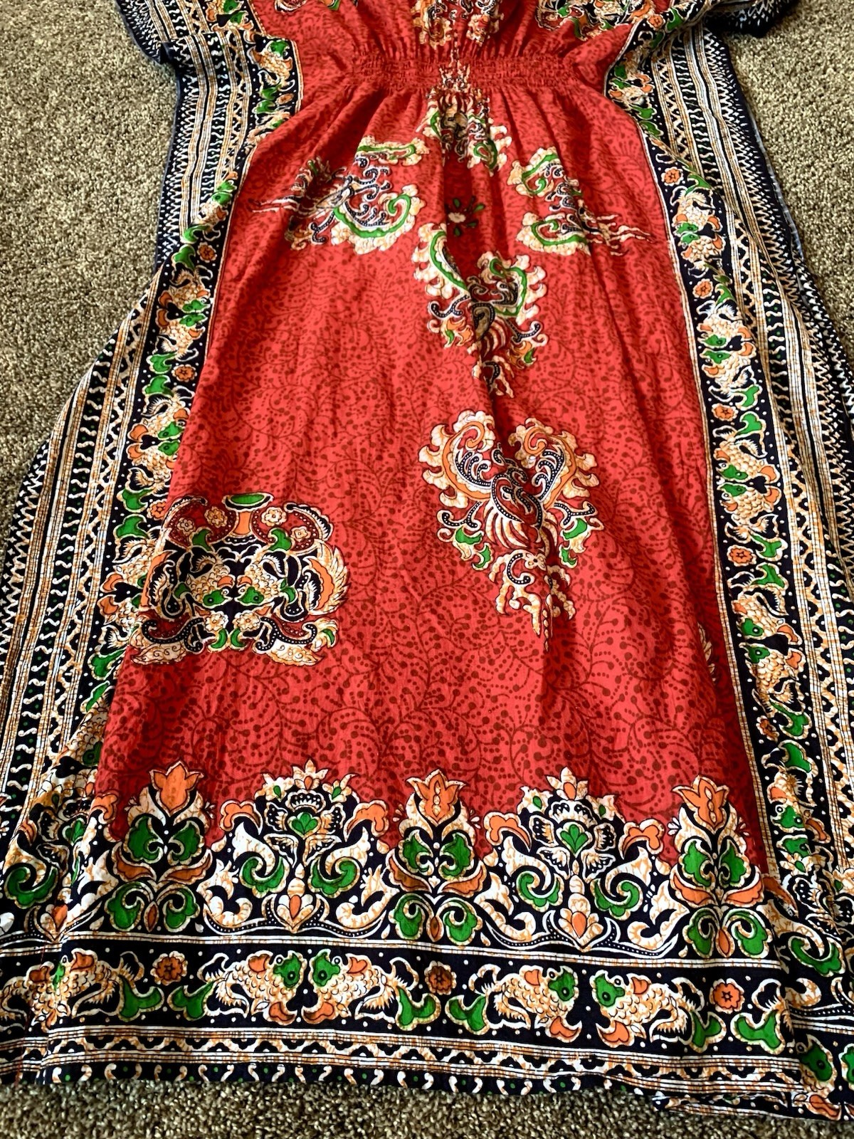 VTG RED BATIK Asian Maxi Long DRESS Kaftan Muumuu Lounge Flutter Empire LARGE