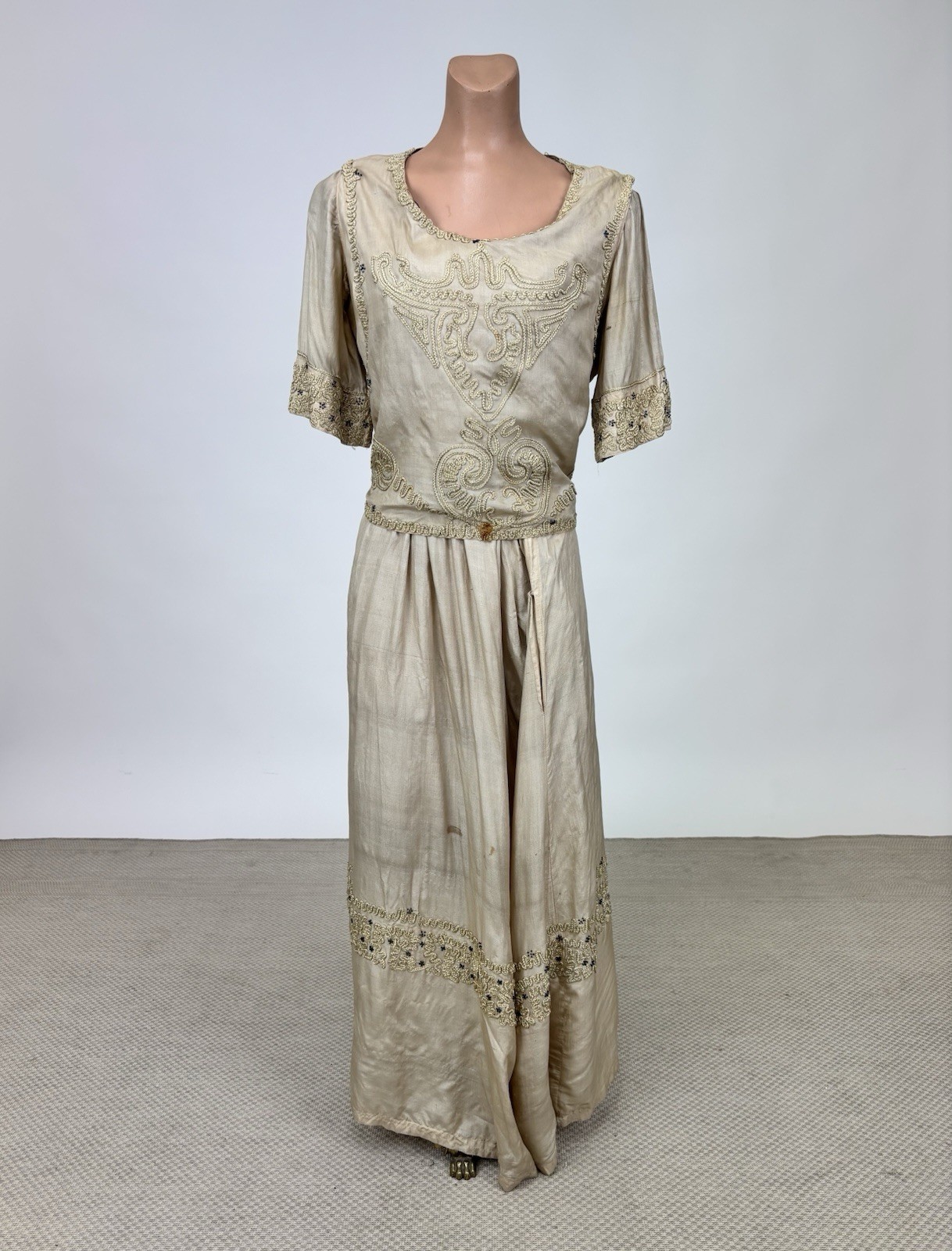 Antique Edwardian 1910s Beige Silk Day Dress Cording Blue Beads Wrap Bodice