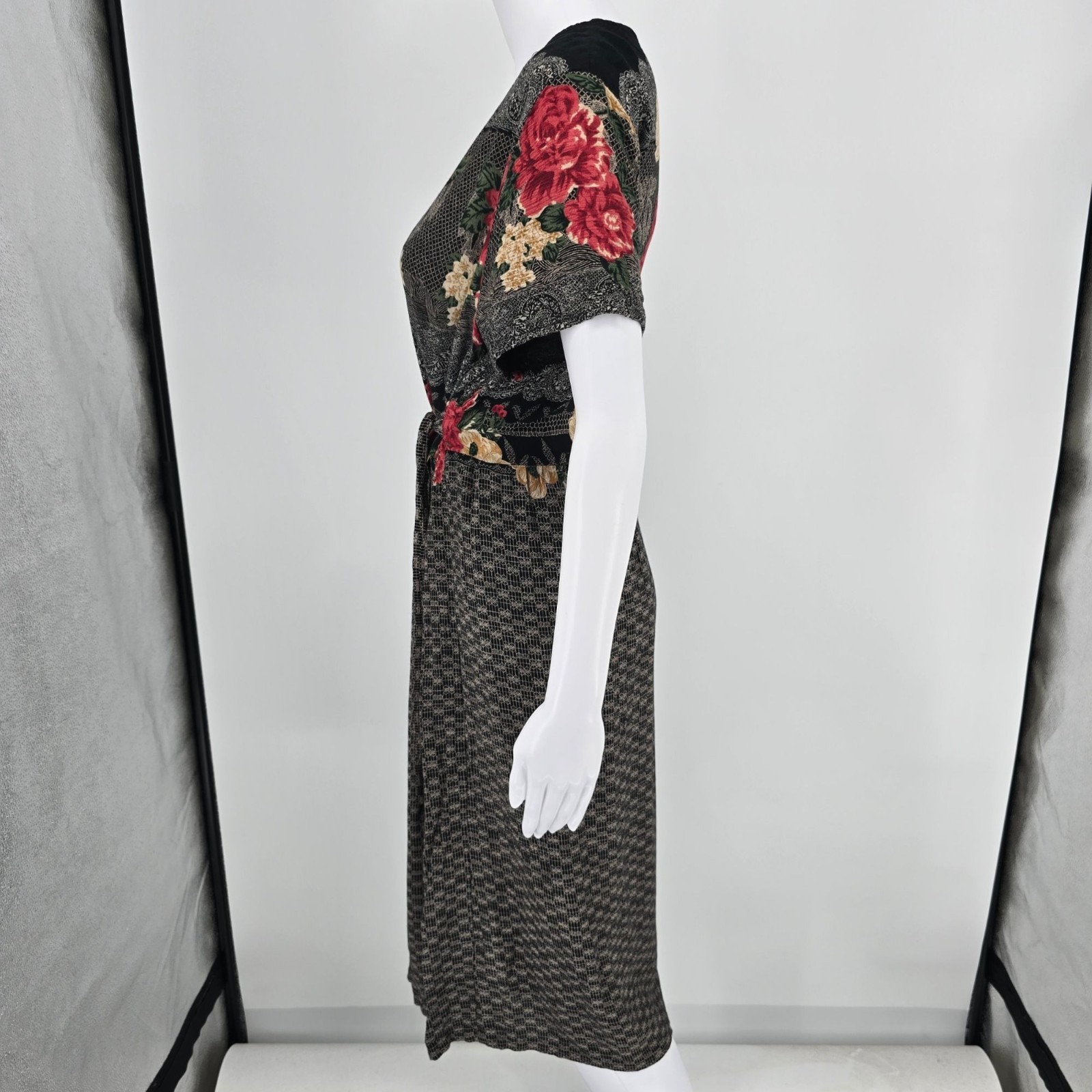 Vintage 1990s Just in Thyme Rayon Black Floral/Lace Print Prairie Dress (8/M)