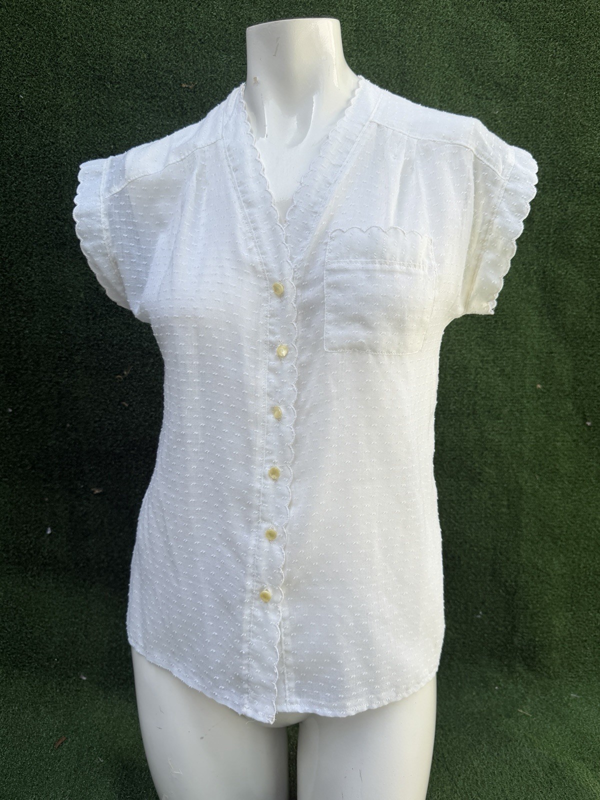 Vintage COLLEGE TOWN Ivory Semi sheer Polka Dot Sz M/L Dainty Top Romance Shirt