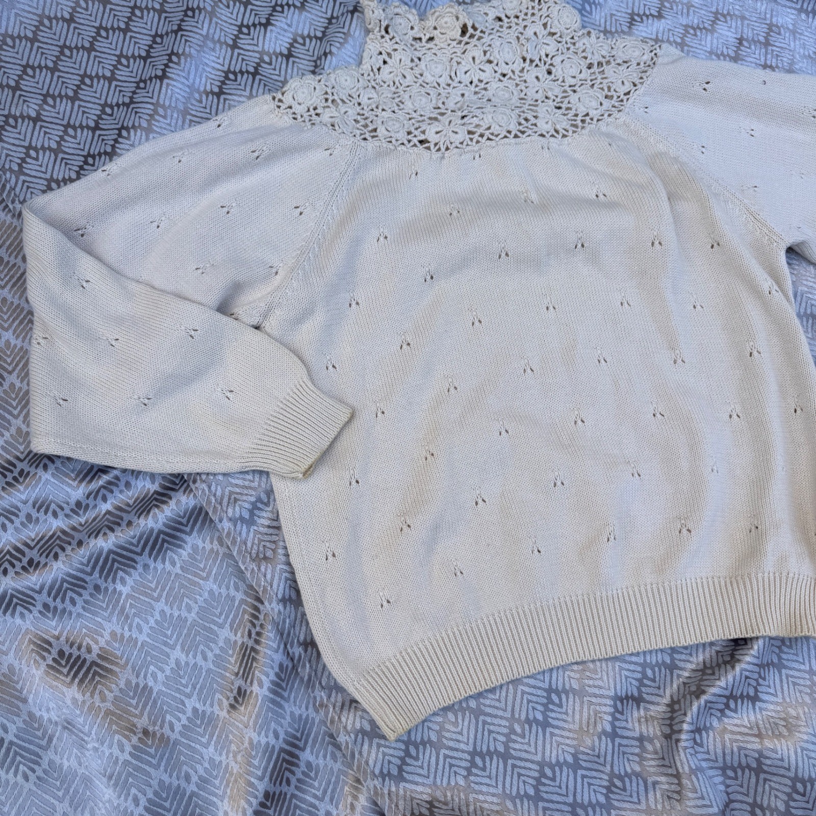 In-Wear Vintage 1980s Sweater Cream Crochet Lace High Neck Pointelle Cotton