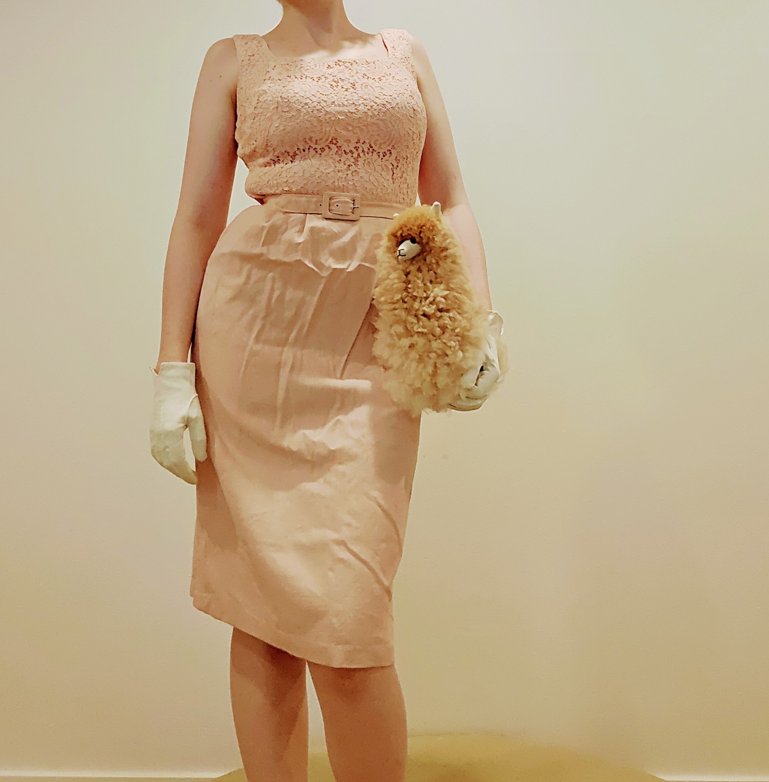 60s 50s VTG Ballerina Linen Pink Lace Pencil Dress XS Pin Up Wiggle Dress