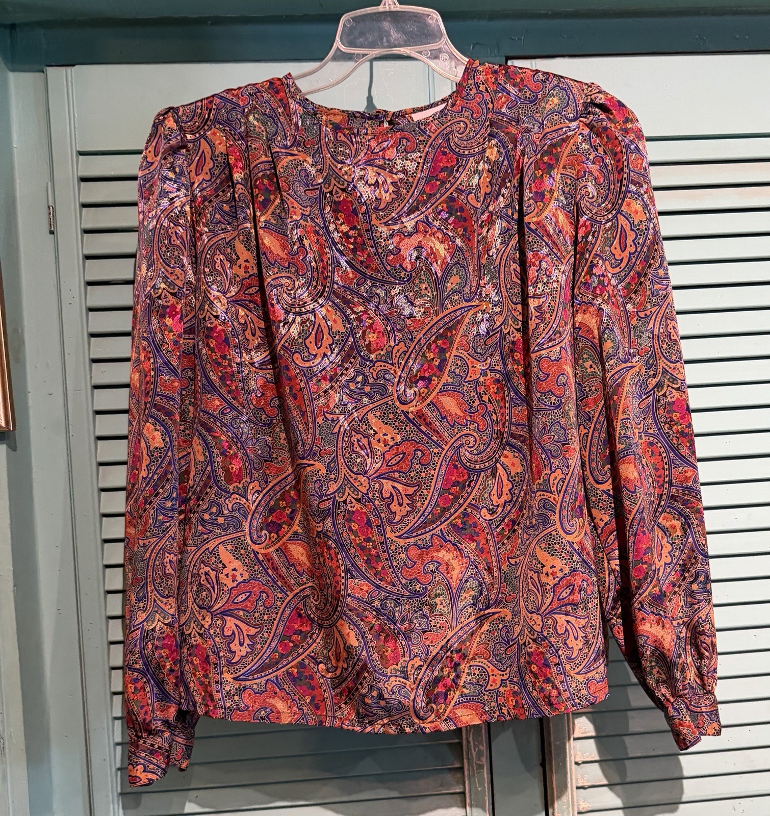 Vintage 80s Nicola Colorful Metallic Sparkle Padded Shoulders Blouse, Sz 14