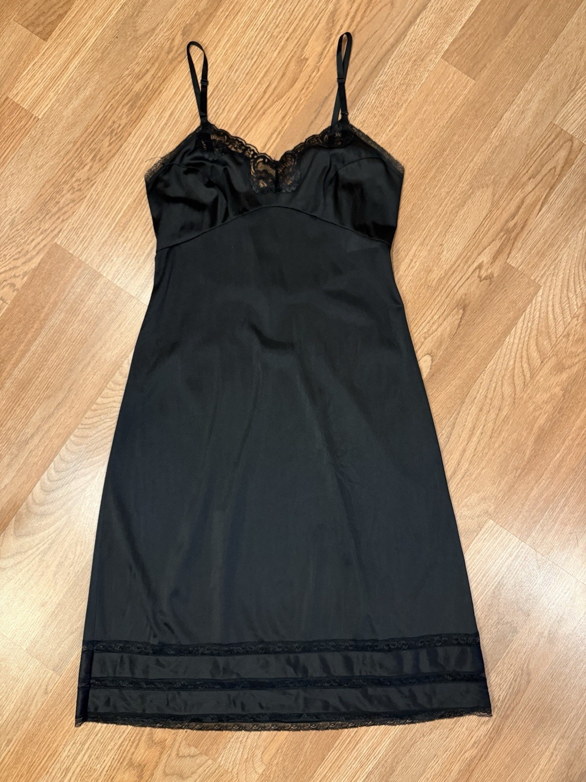 Vintage 70s 80s Adonna JCPenney Black Antron Nylon Slip Lace Trim 36 Union Made