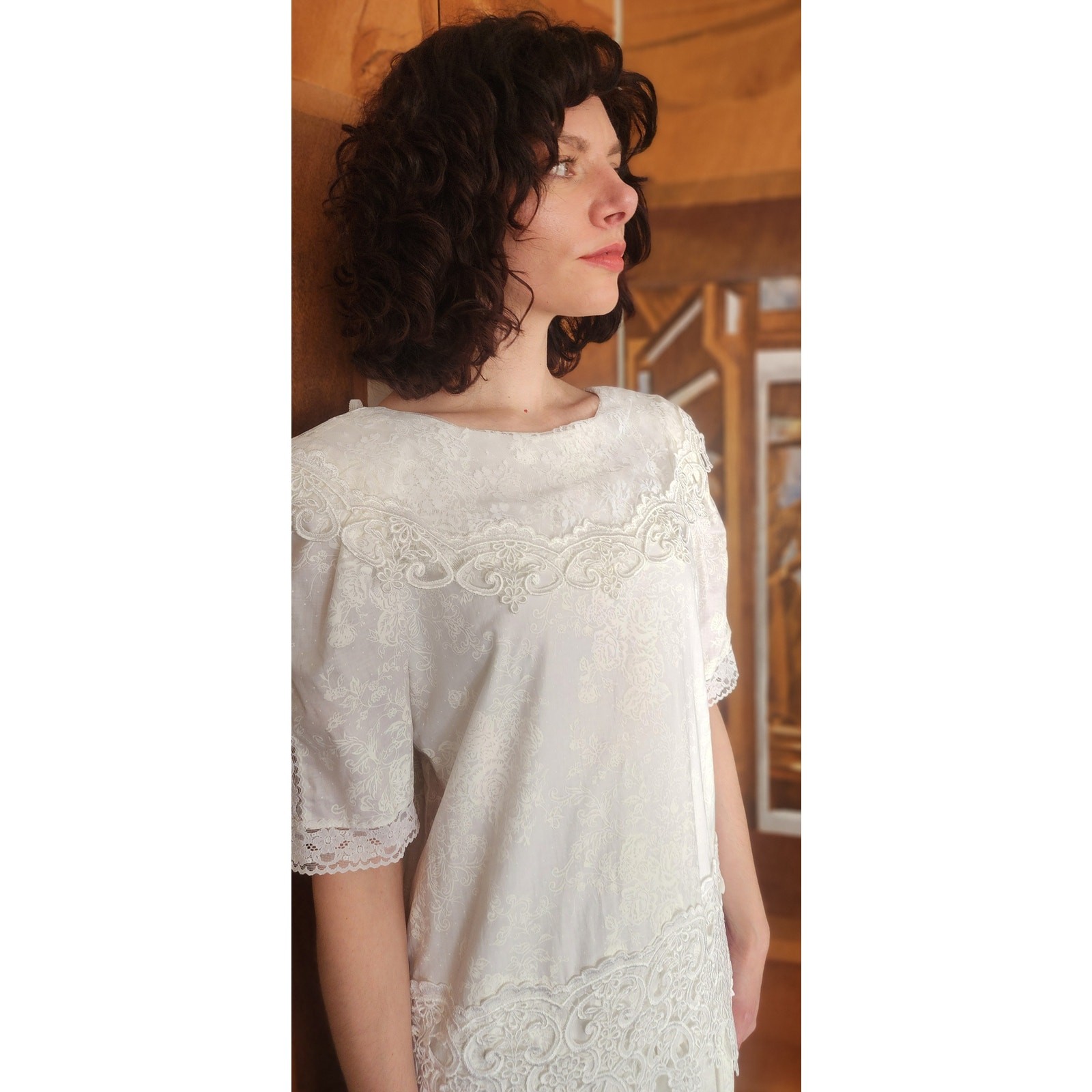 Vintage 1980s Scott McClintock White Lace Dress Drop Waist Puffed Sleeves NWT