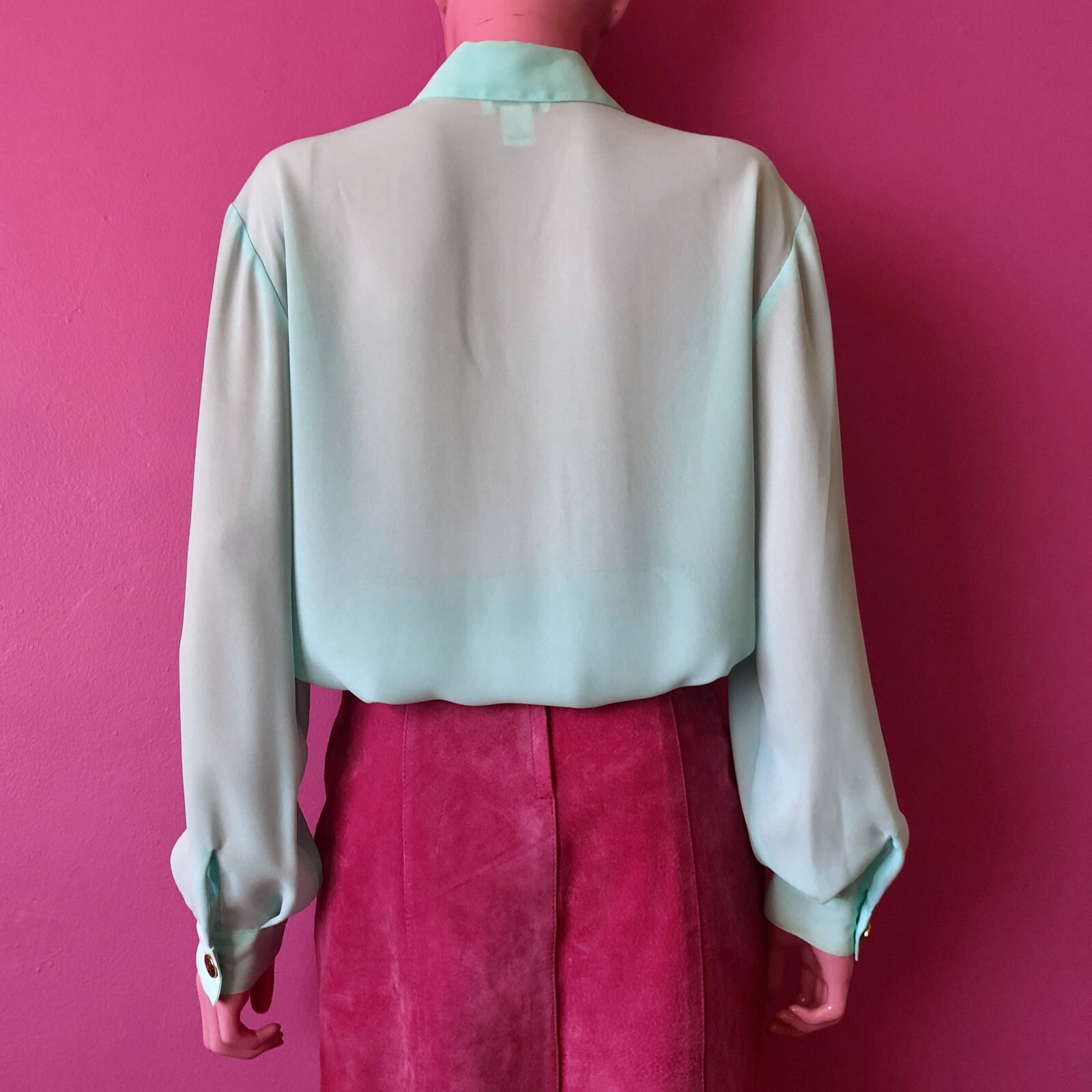 Vintage 80s M/L Chiffon Blouse Aqua Pastel Bill Blass Pleat Gold Button Down Top