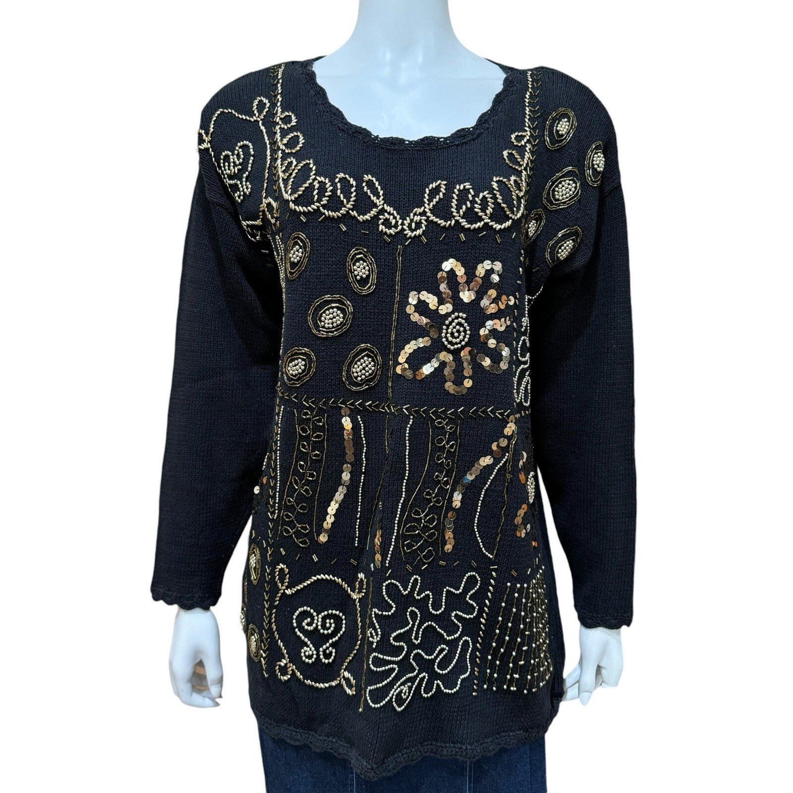 Vintage 80’s Black Gold Beaded Sequin Sweater Size Small Grandmacore Margules