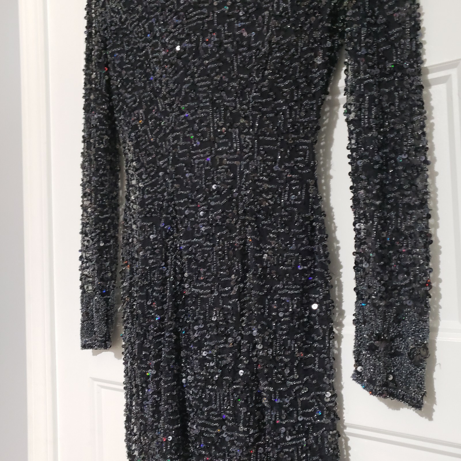 Vintage Riazee Beaded Sequin Mini Dress Black Body Con Long Sleeve Womens 2/4