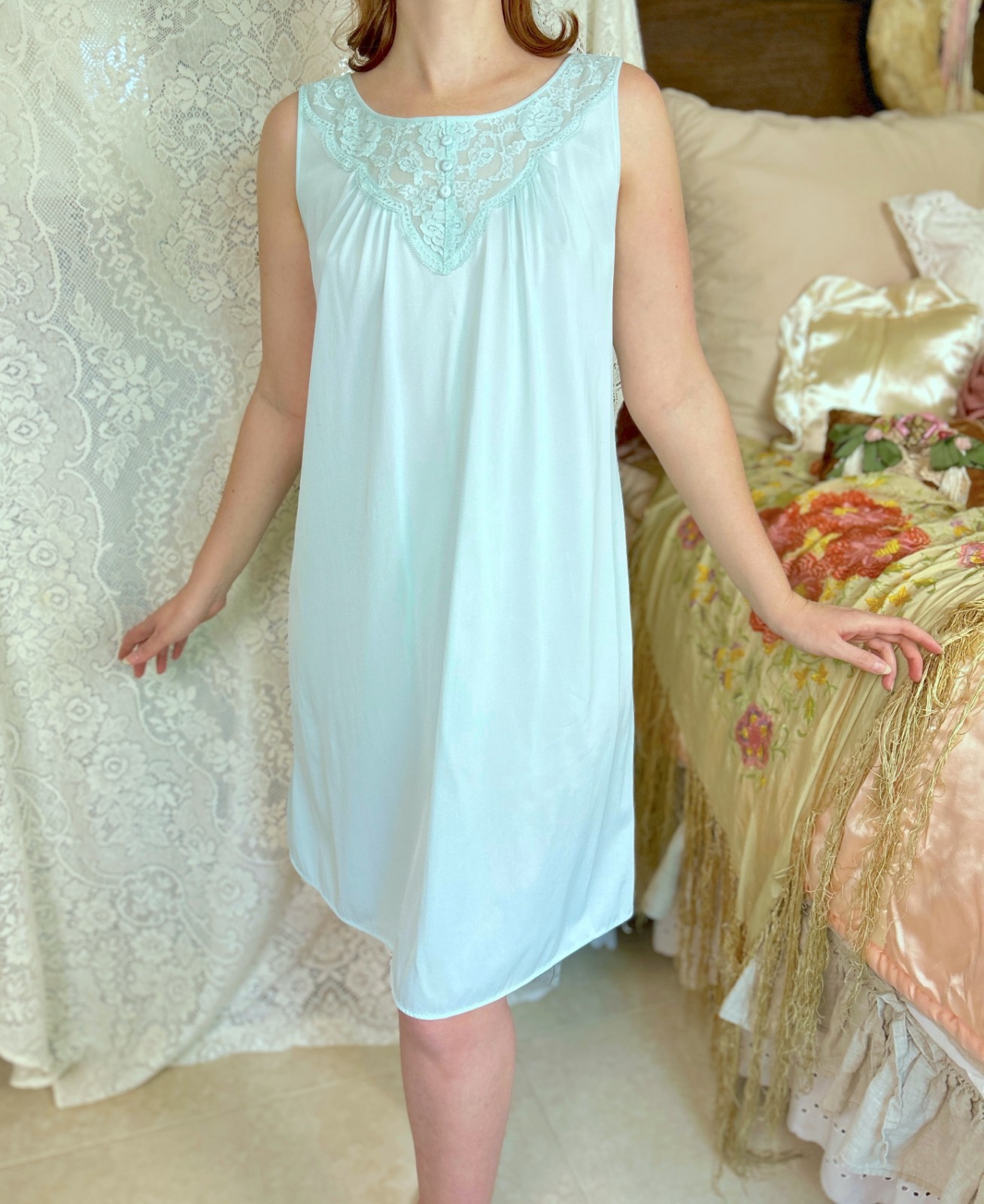 Vintage 60s Blue Babydoll Nightgown, Nylon, Lace Embroidery, Retro Romantic