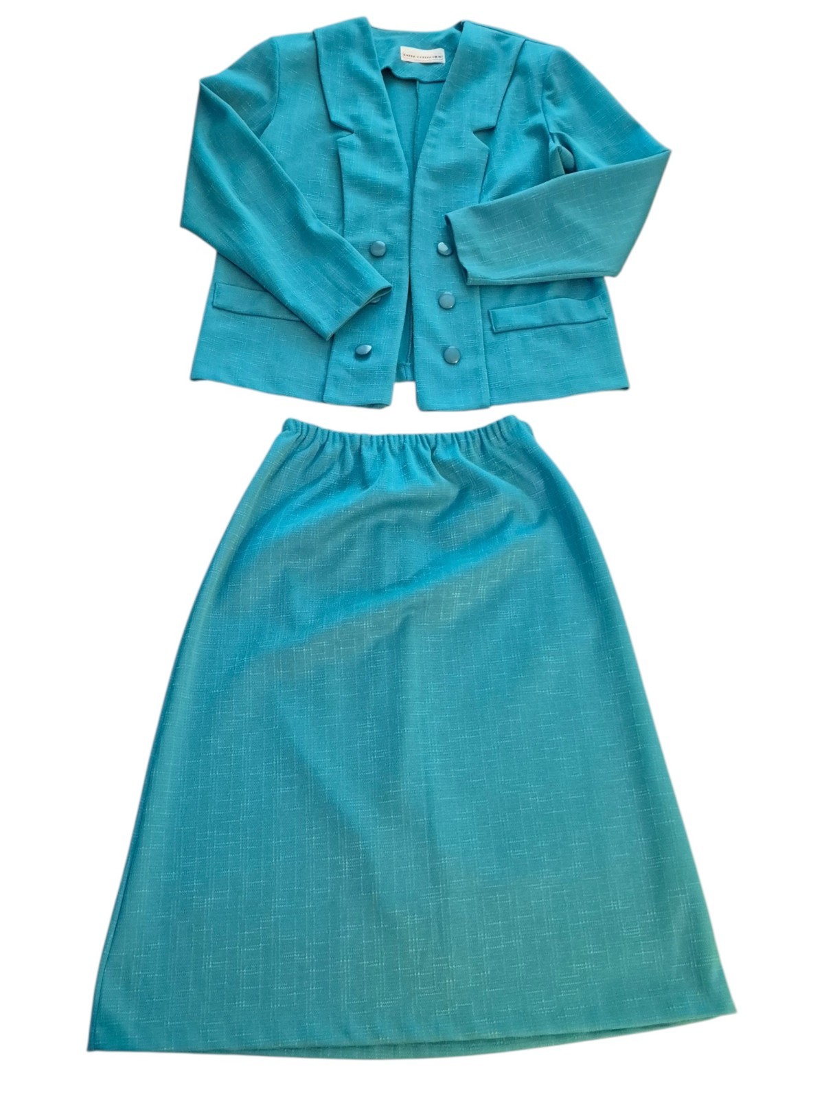 VTG 80s Pablo Collection Teal Skirt Suit Set 2pc Cropped Blazer Midi Size 10 USA