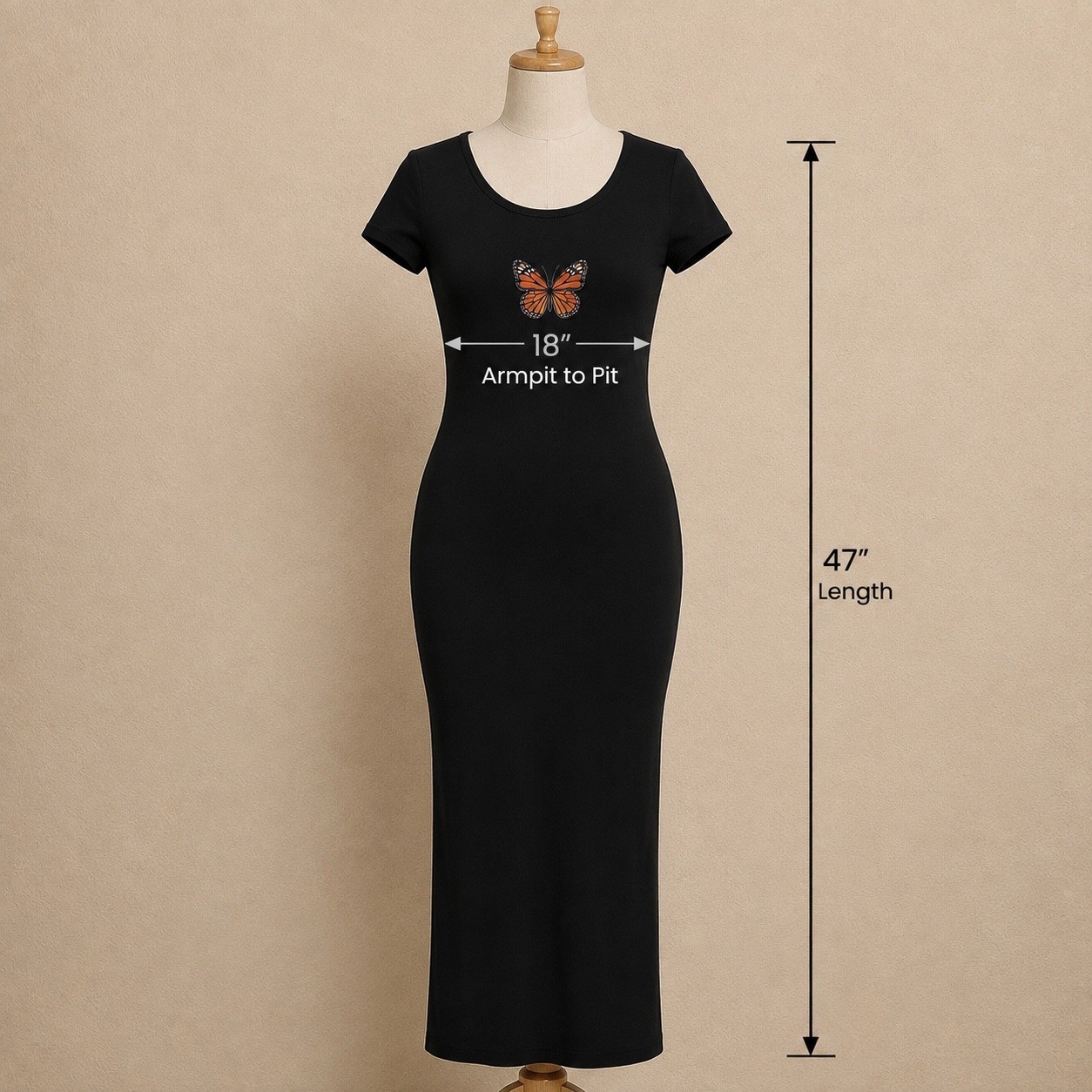 Vintage 90s TMG New York Black Butterfly Maxi Dress Scoop Neck Grunge Goth Large