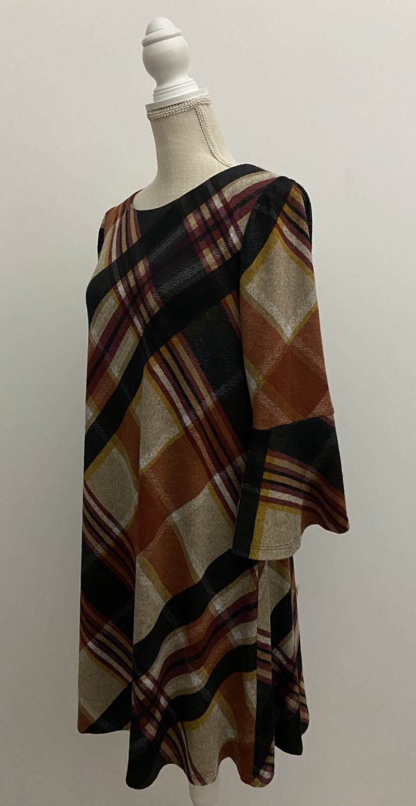 Vintage Plaid Dress Women’s M Brown 90s Long Sleeve Swing NWT Jessica Howard