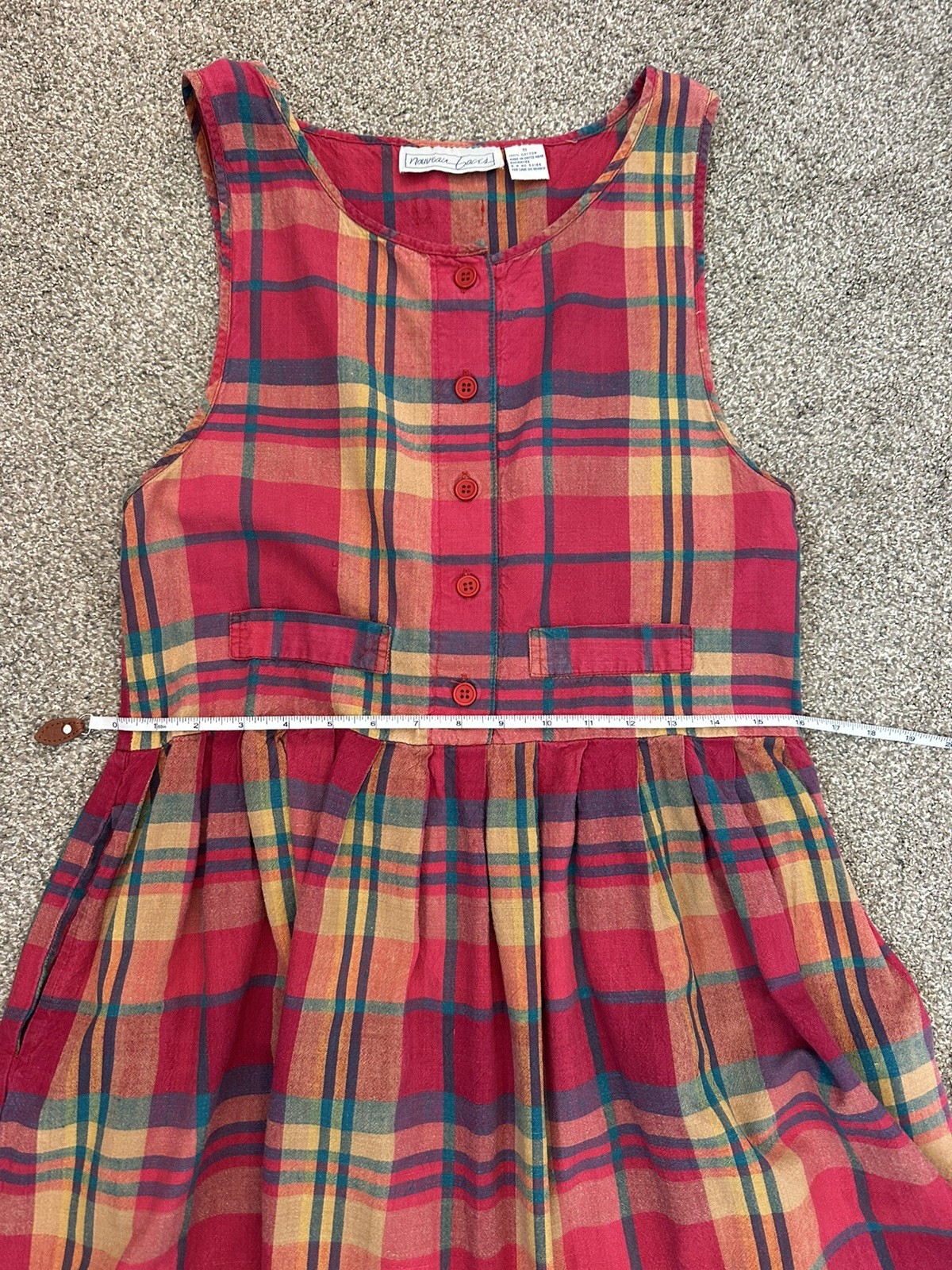 Vintage 80s Midi Dress Plaid Cotton Womens S Drop Waist Button Back Cottagecore