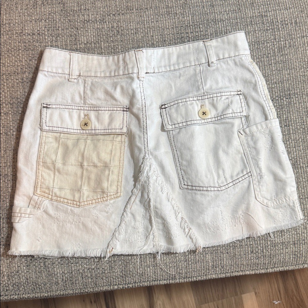 Free People We The Free Mini Skirt Distressed Patchwork Pockets Ivory sz30