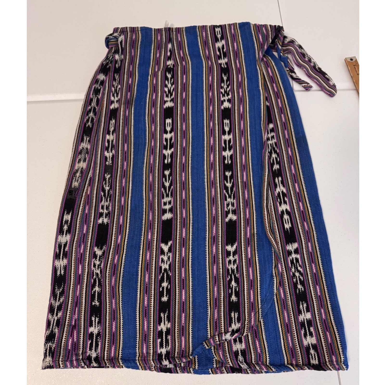Vintage Handmade Guatemala Ikat Wrap Skirt Blue Cotton Woven Boho Midi L mm