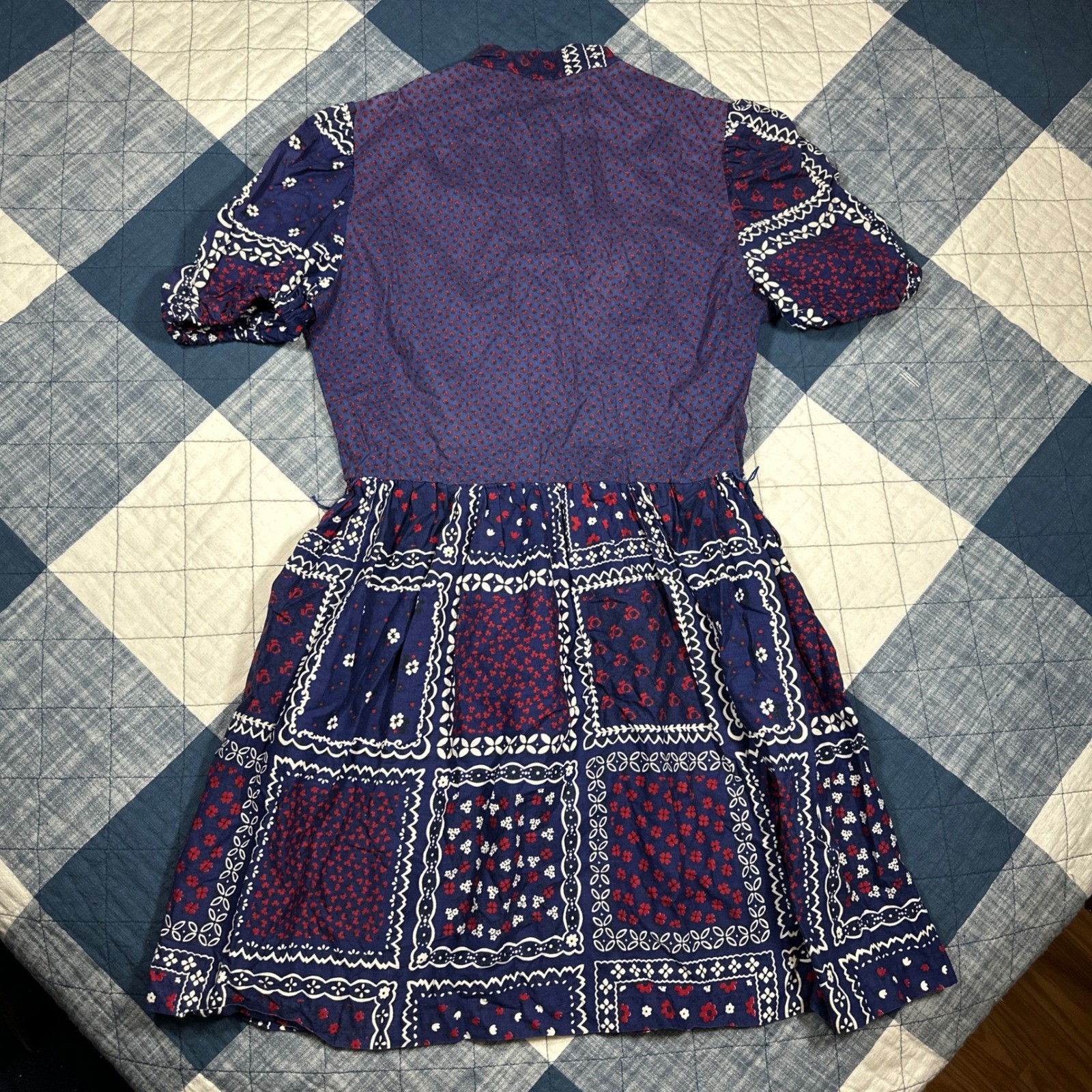 Vintage 70s Patchwork Bandana Prairie Dress Navy Red Button Down Modest Juniors