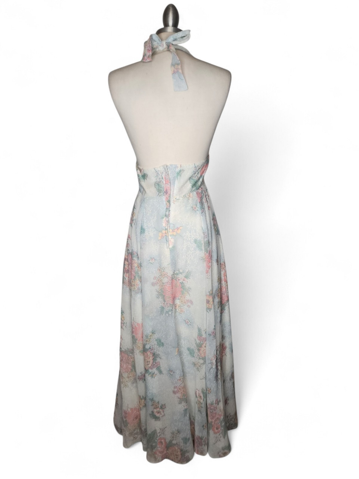 1970s Floral Print Vintage Halter Dress in Light Blue Size 5