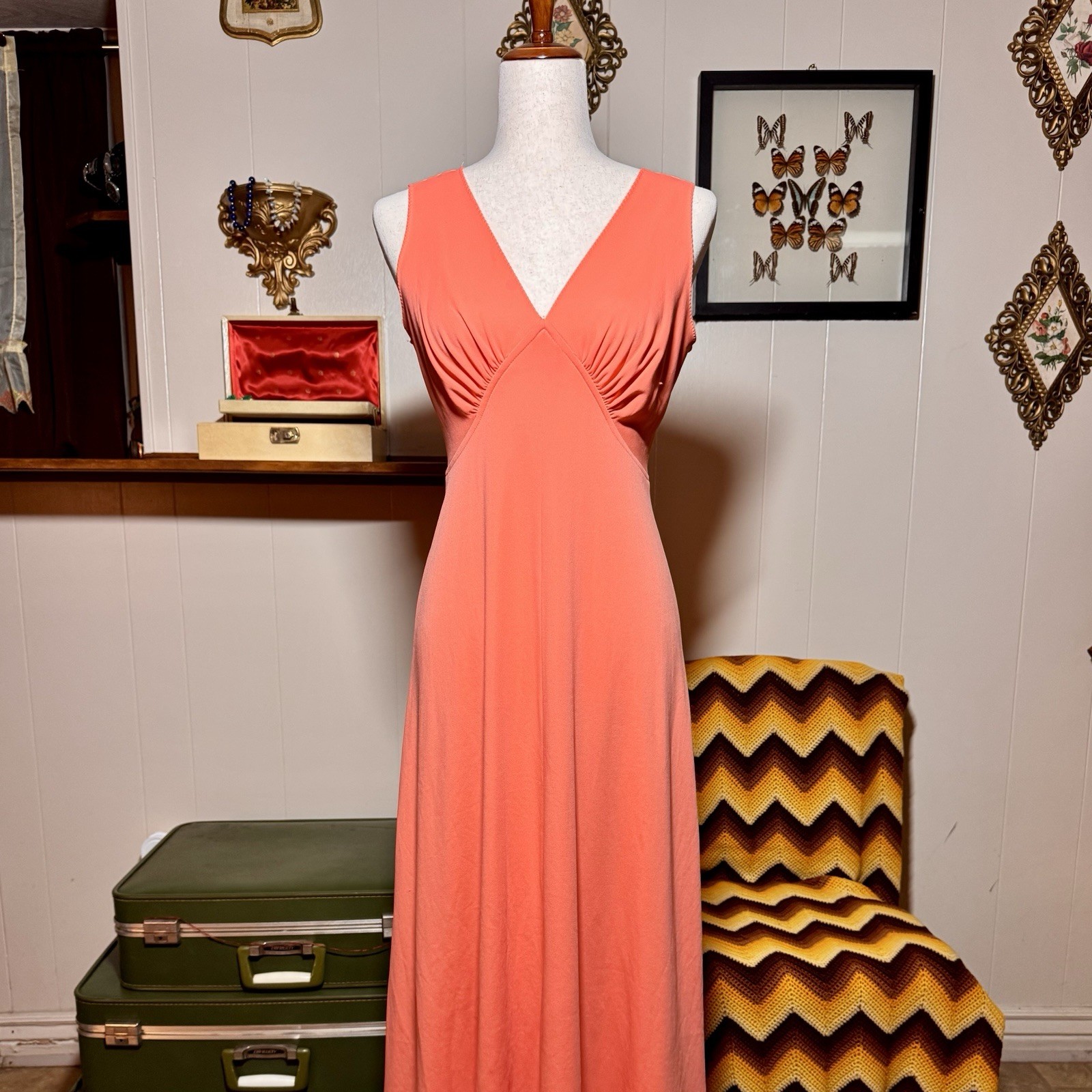 Vintage 70s Coral Empire Waist Maxi Dress Sleeveless Disco Boho Womens S M
