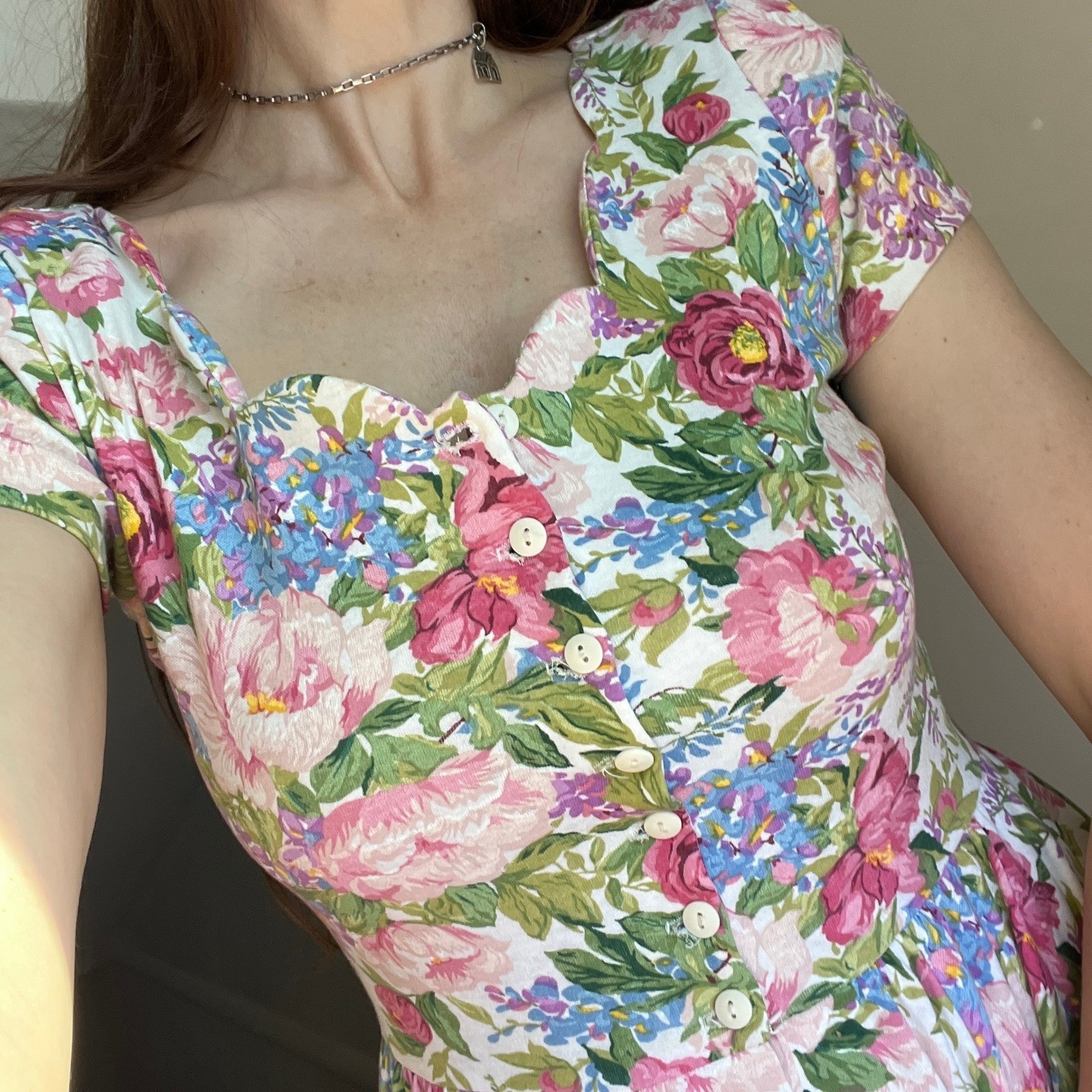 Vintage Floral Tea Party Dress Sweetheart Button Front Cottage Feminine Small