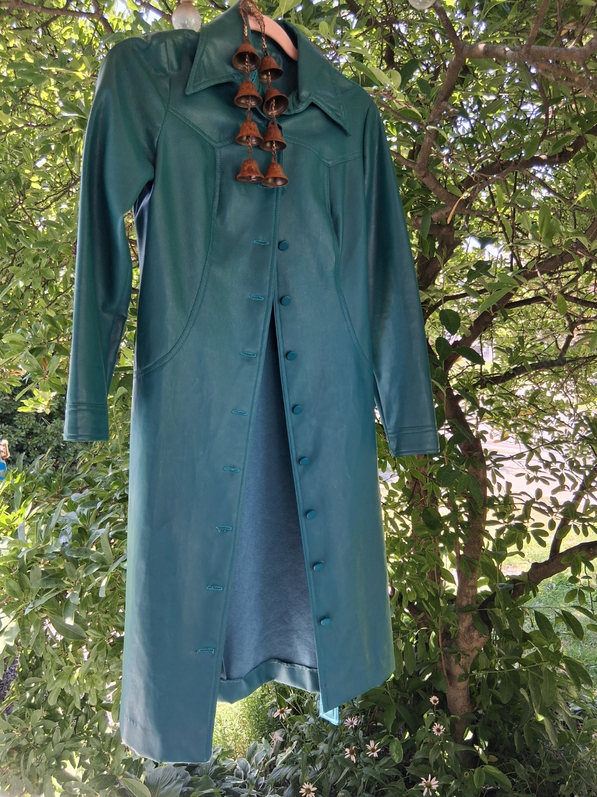 Vintage 1960s 1970s Teal Vegan Leather Dagger Collar Mod Spy Girl Trench Coat