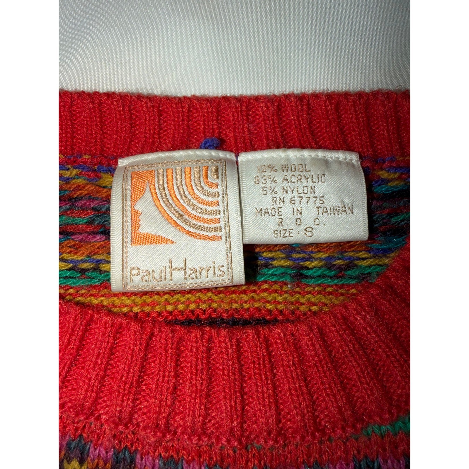 Vtg 80s 90s Paul Harris Coogi Style Bright Geometric Pattern Knit Sweater Small