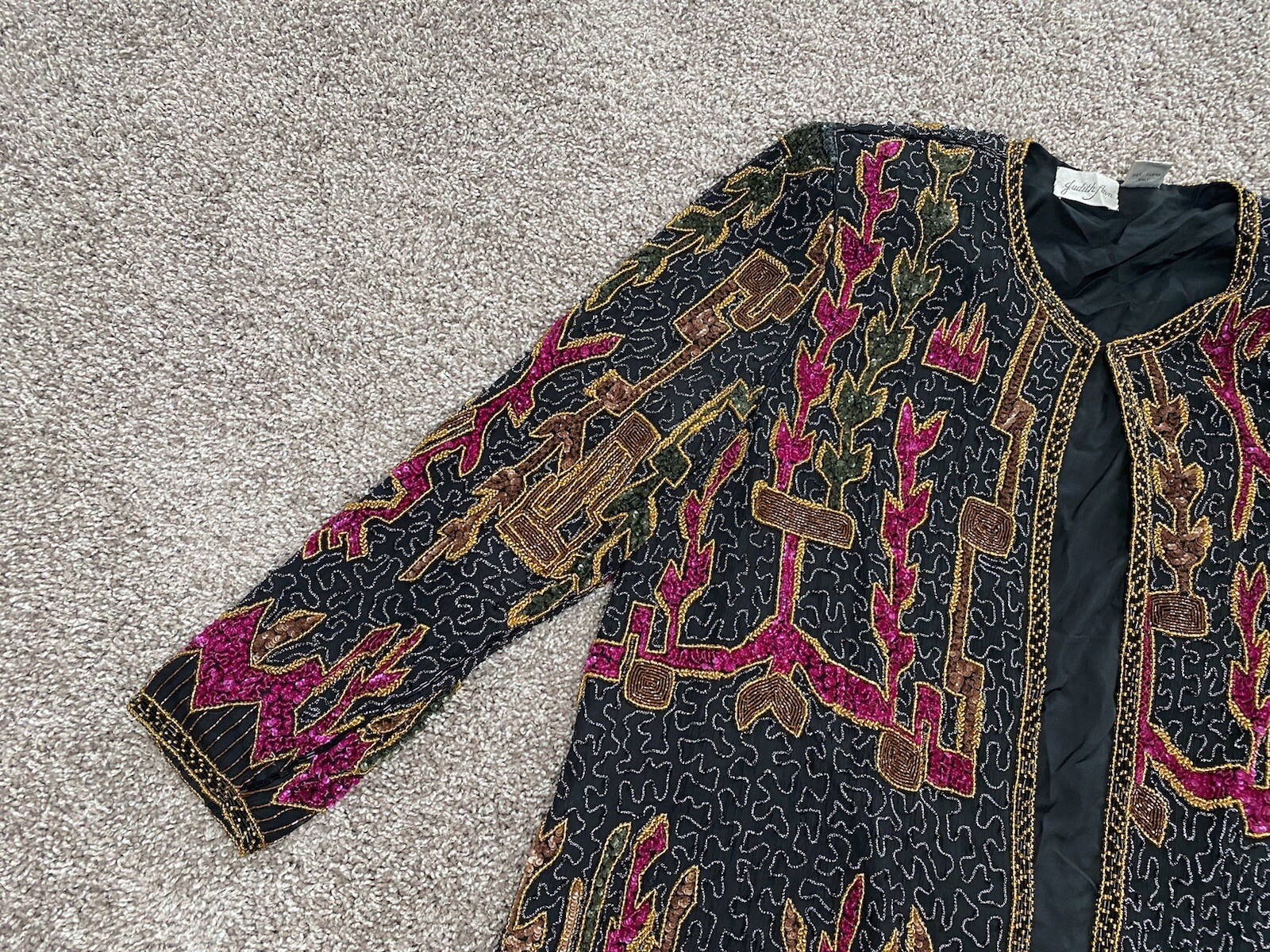judith ann Black Gold Red Beading Vintage Jacket Blazer 1X 16-18