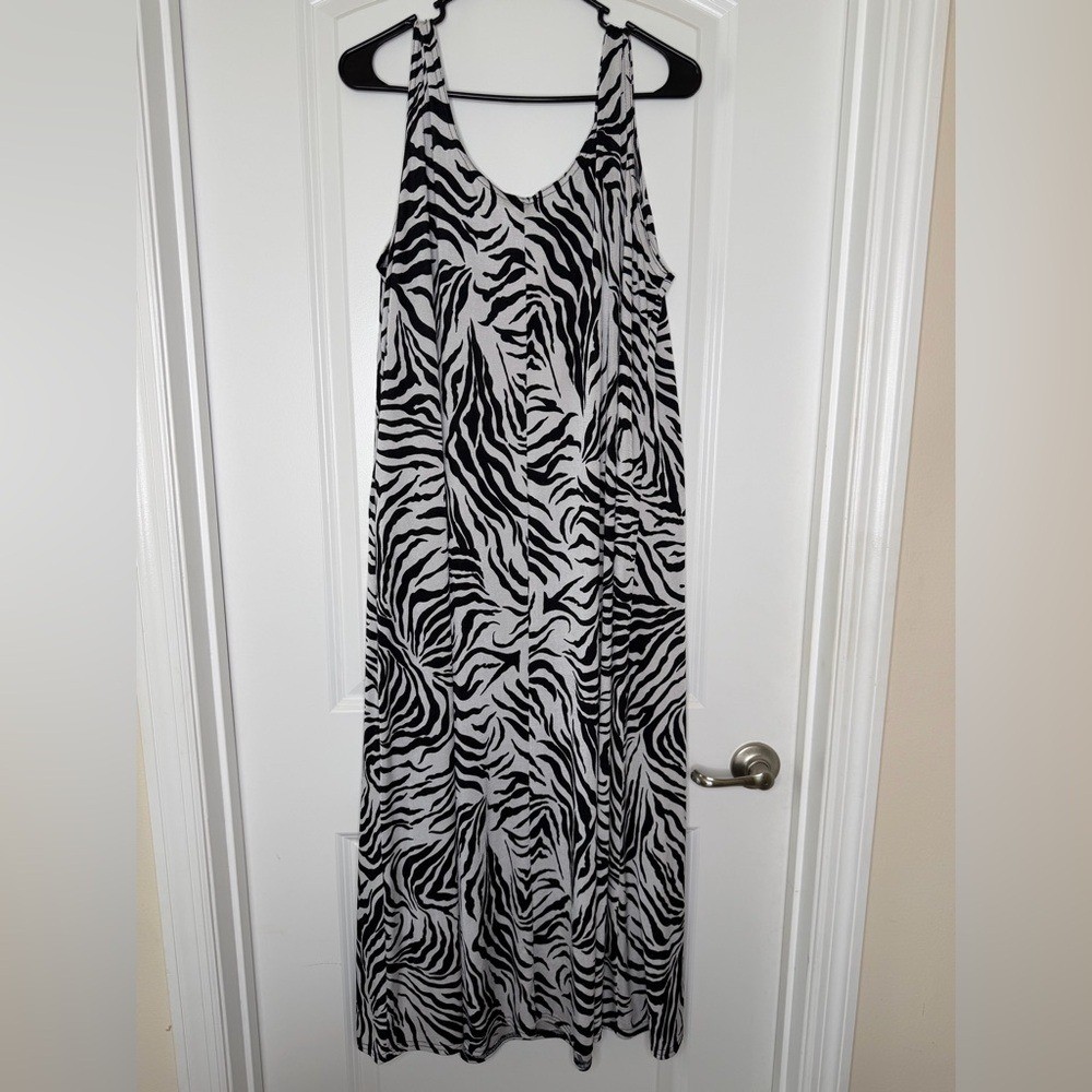 VTG 90s Jostar Zebra Print Maxi Dress Black White Slinky Sleeveless Boho L/XL