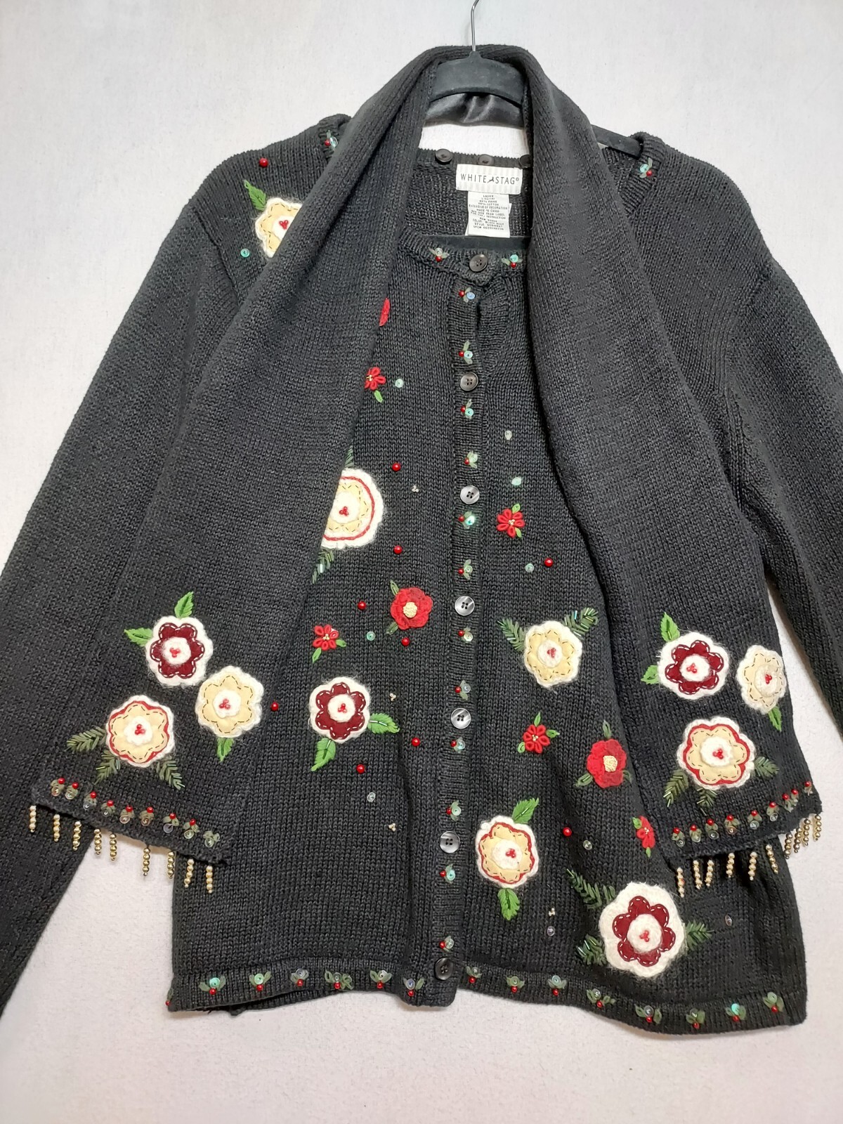 VTG Granny Core Sweater & SCARF Sz L White Stag Flowers Beaded Fringe Boho 2 Pc