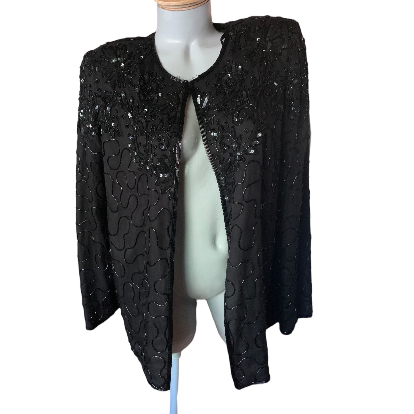 JMD New York Black Sequin Beaded Jacket Party Evening Size Large Open Cardigan L