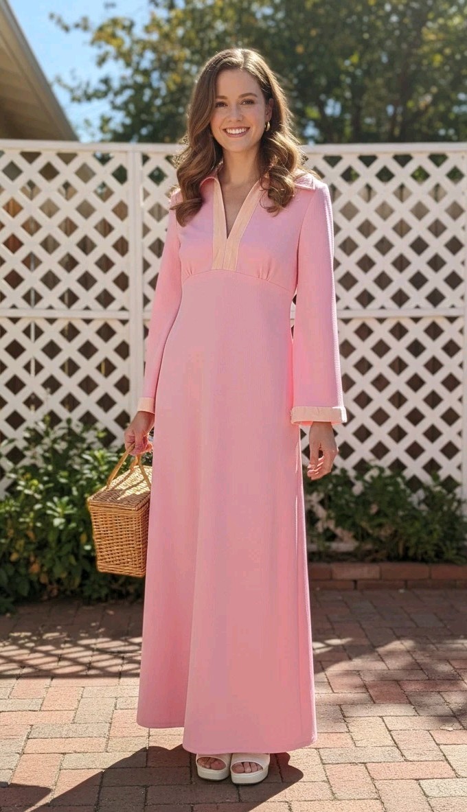 Vtg 60s Pink V-Neck Collared Textured Long Sleeve Maxi Dress Womans Size Large