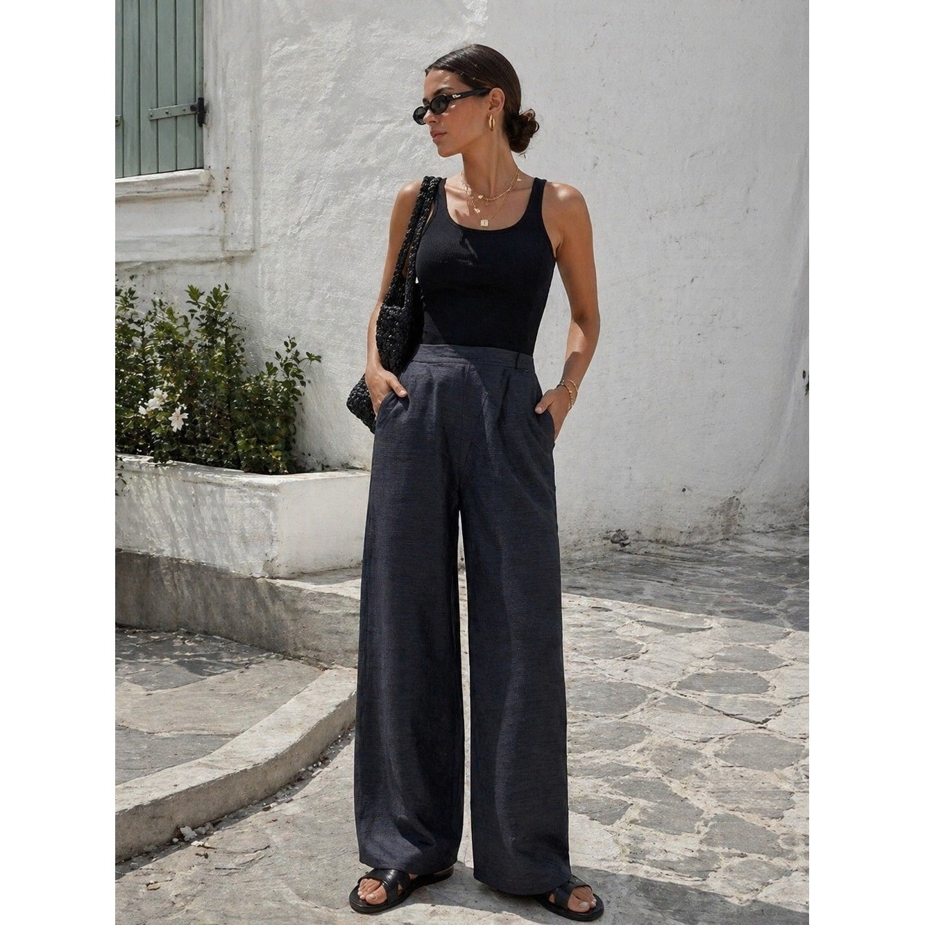 Vintage Giorgio Armani Le Collezioni Wide Leg Trousers Womens 10 Navy Silk Linen