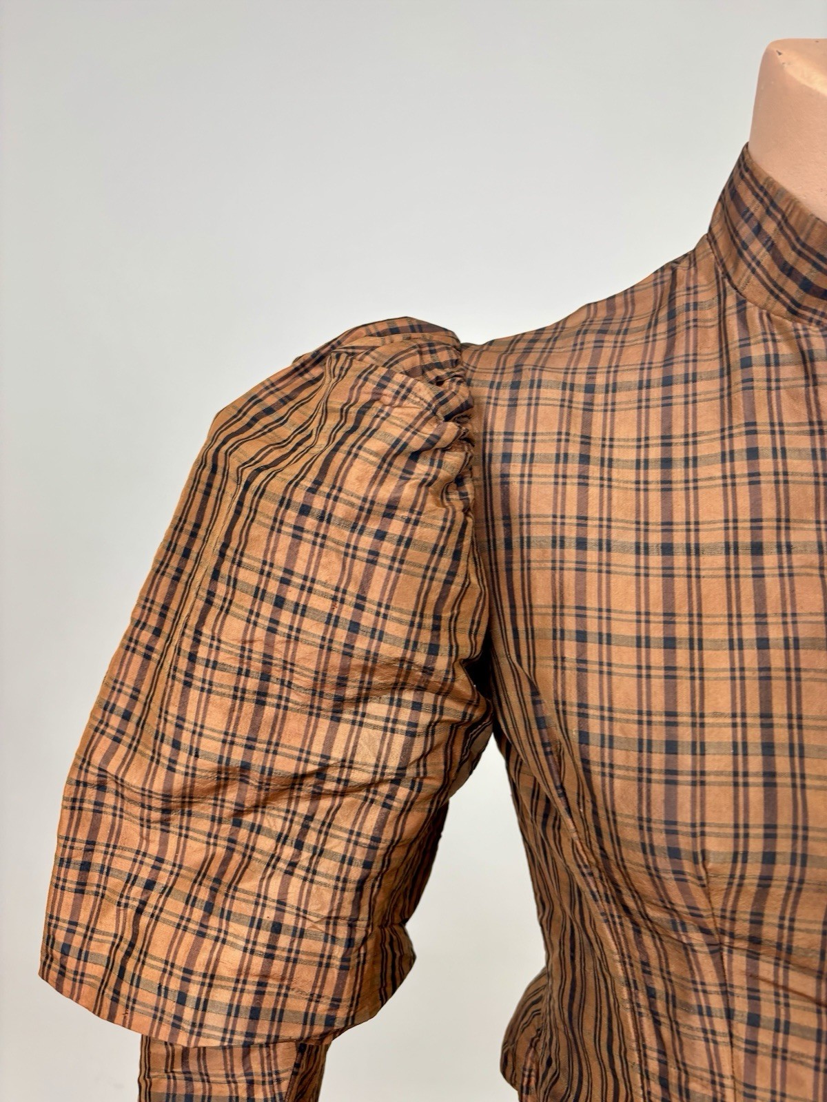 Antique Victorian 1890 Jacket Bodice Leg of Mutton Sleeve Brown Black Plaid Silk