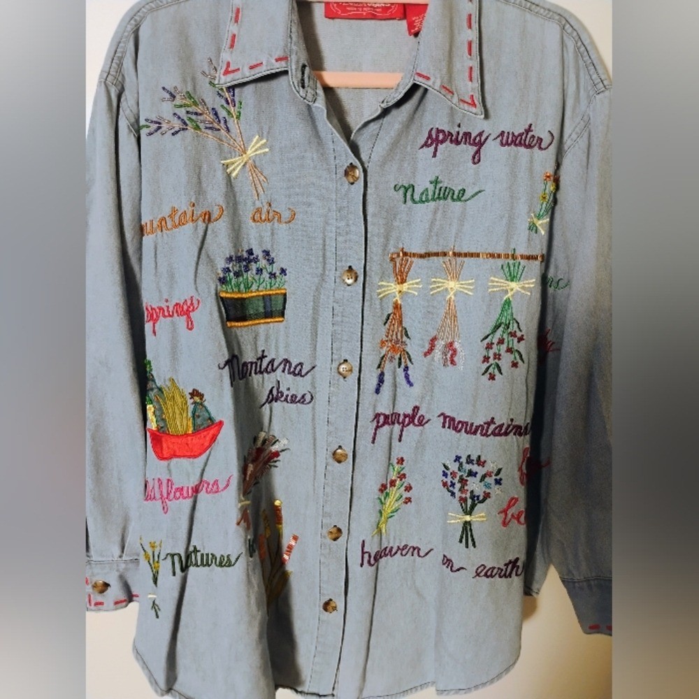 VTG Venezia Jeans Denim Blouse Women’s 14/16 Embroidered 90s Grandmacore