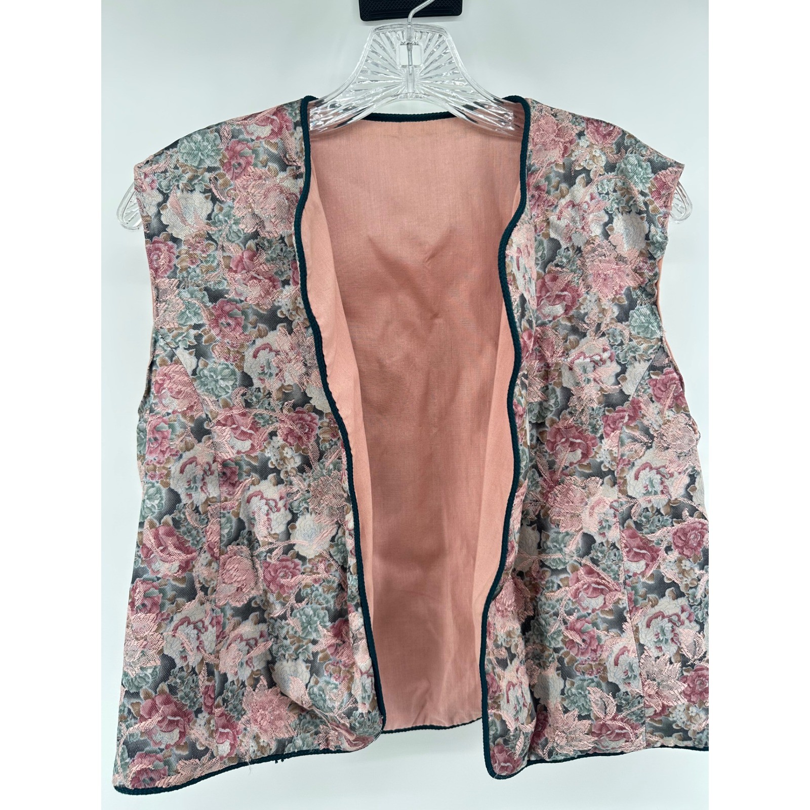 Vintage Handmade Floral Tapestry Vest Pink Rose Brocade Open Front Cottagecore