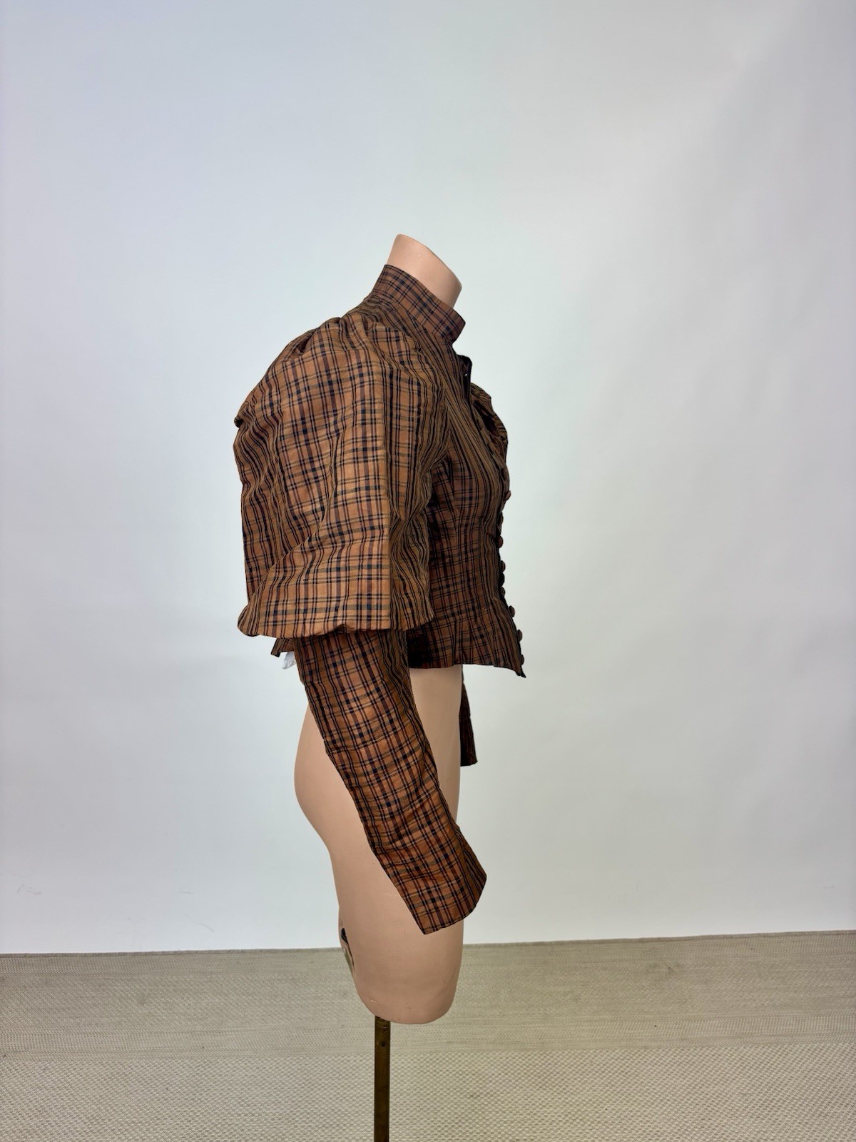 Antique Victorian 1890 Jacket Bodice Leg of Mutton Sleeve Brown Black Plaid Silk