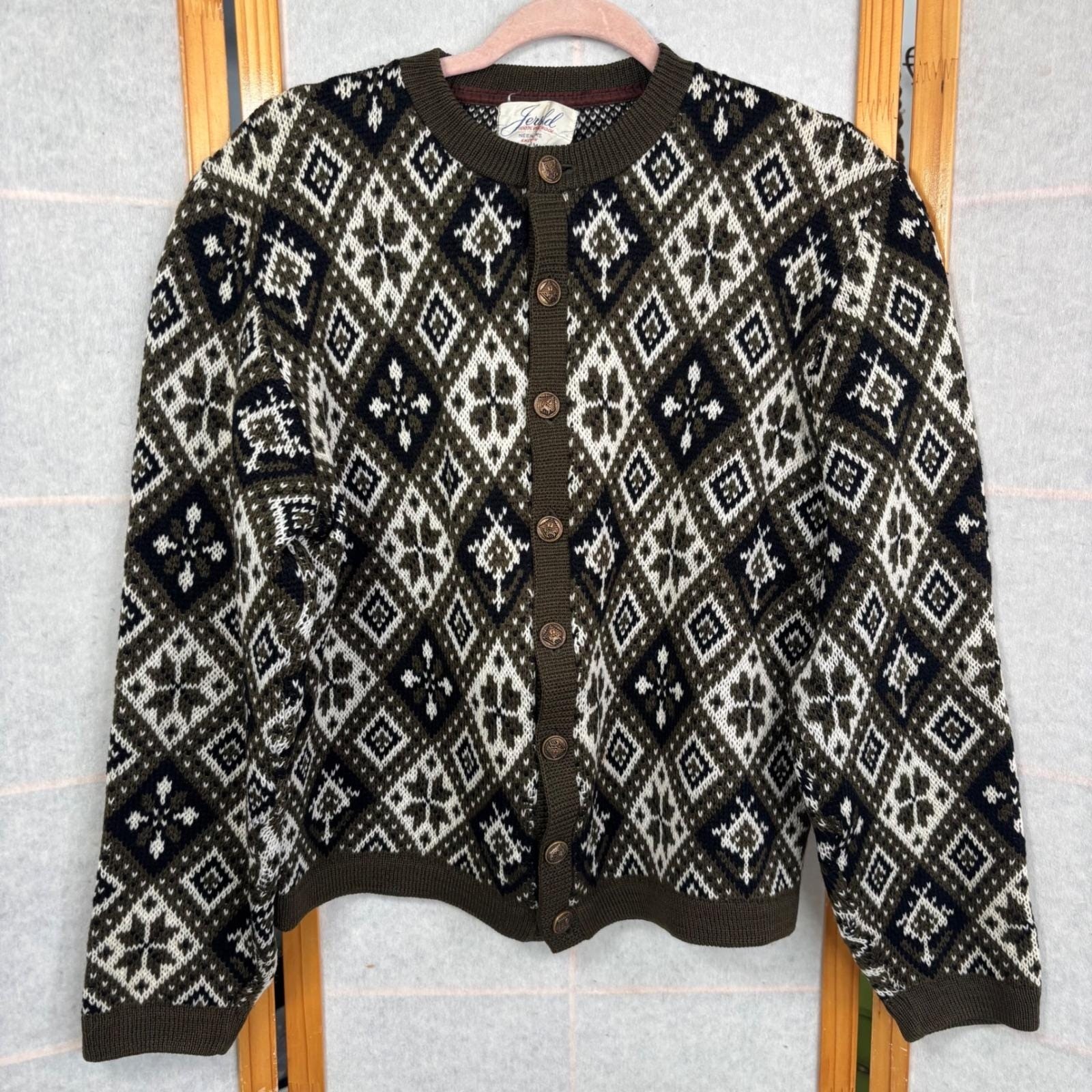 Vintage Jersild Virgin Wool Fair Isle Cardigan Sweater Olive Green Geometric L
