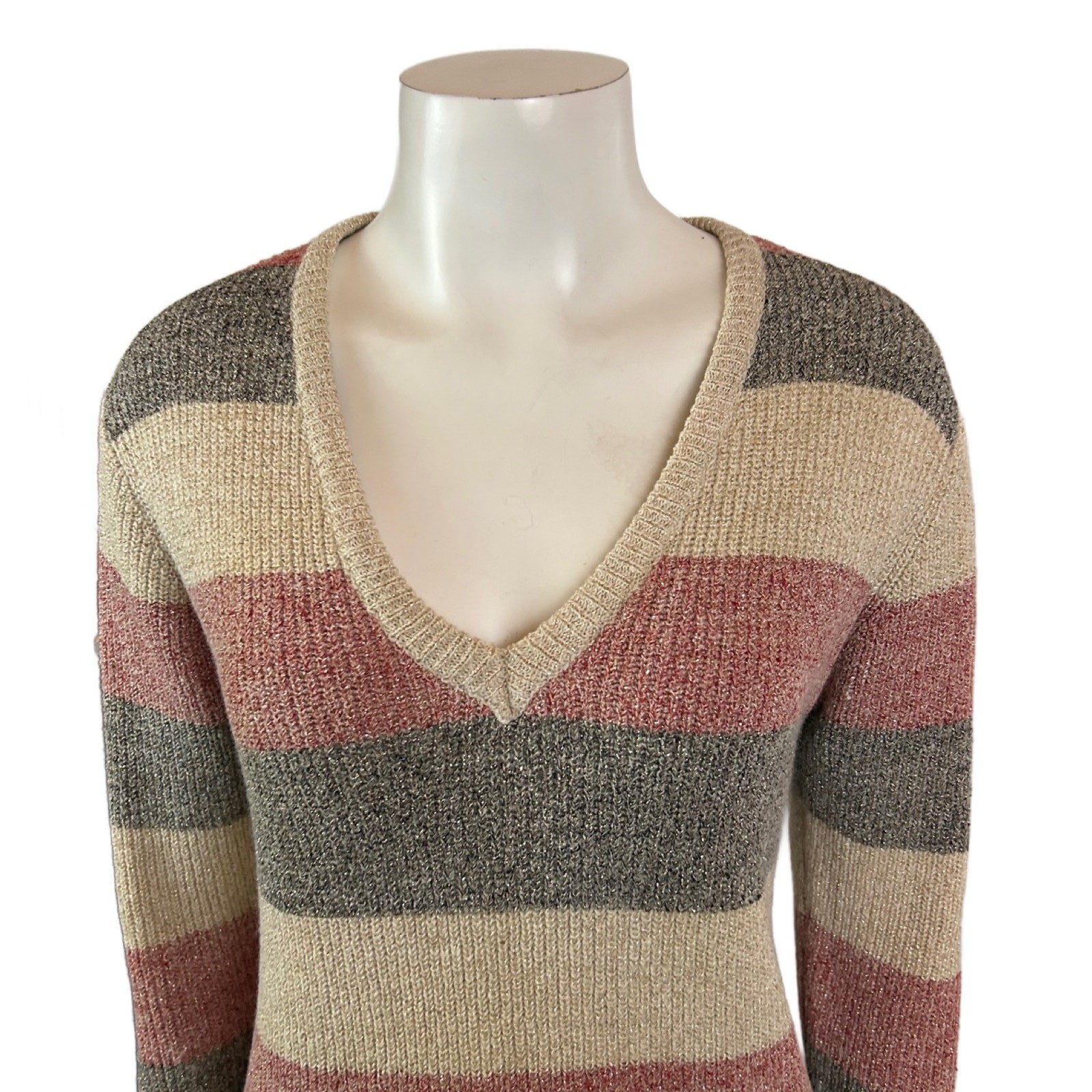 1980s Metallic Stripe Acrylic Knit Mini Sweater Dress / Women’s Medium ^