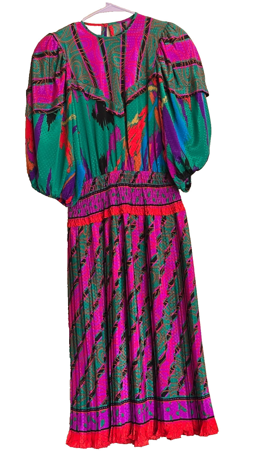 Vintage Assorti for Susan Freis Dress Womens Small Pink Red Green Pleated Ruffle