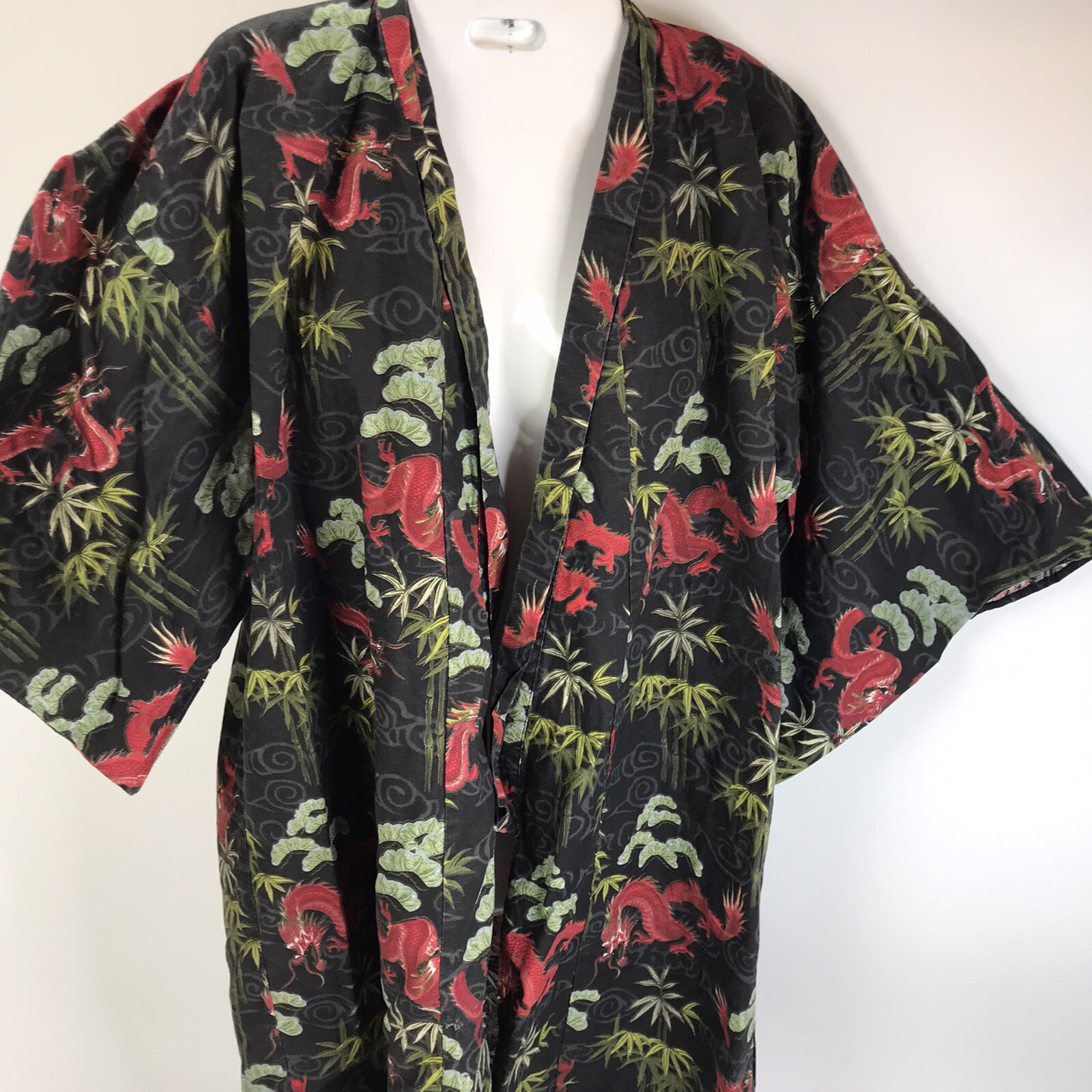 Vintage Kimono 90s Chinese Dragons Palm trees open front Oriental one size short