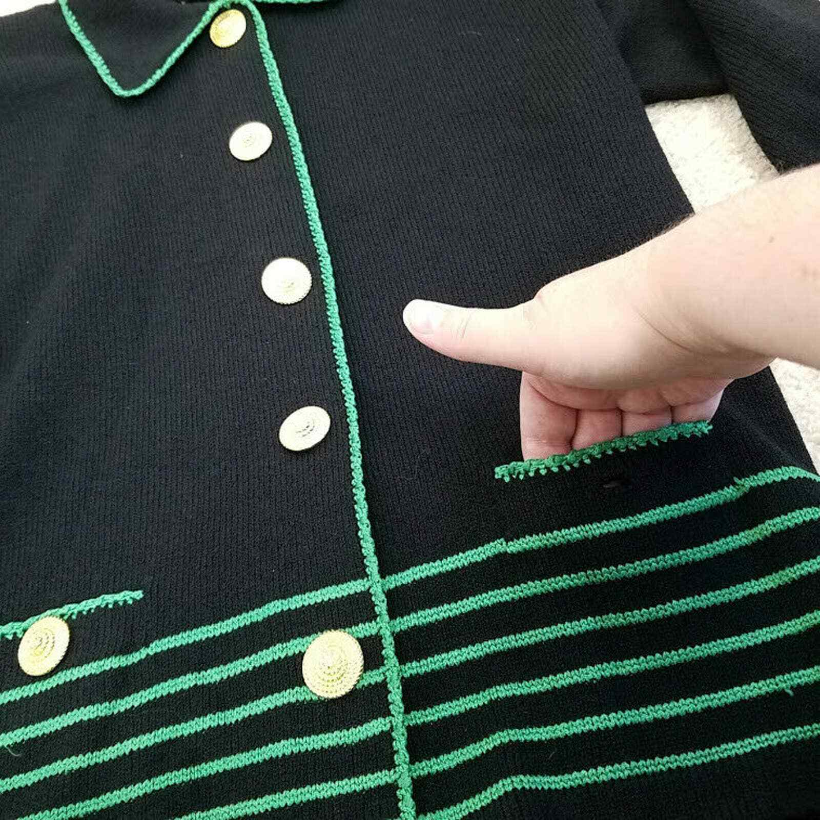 Helen Hsu Cardigan Sweater Santana Knit Black Green XS Vintage 90s Gold Buttons