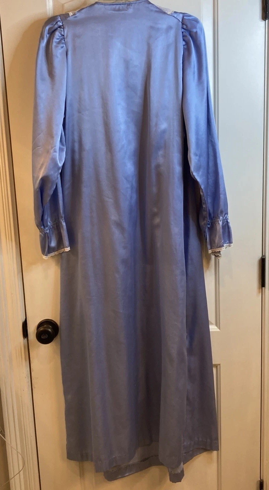 Vintage Brandywine Blue Satin Long Nightgown & Matching Robe Lace Retro MCM M/L