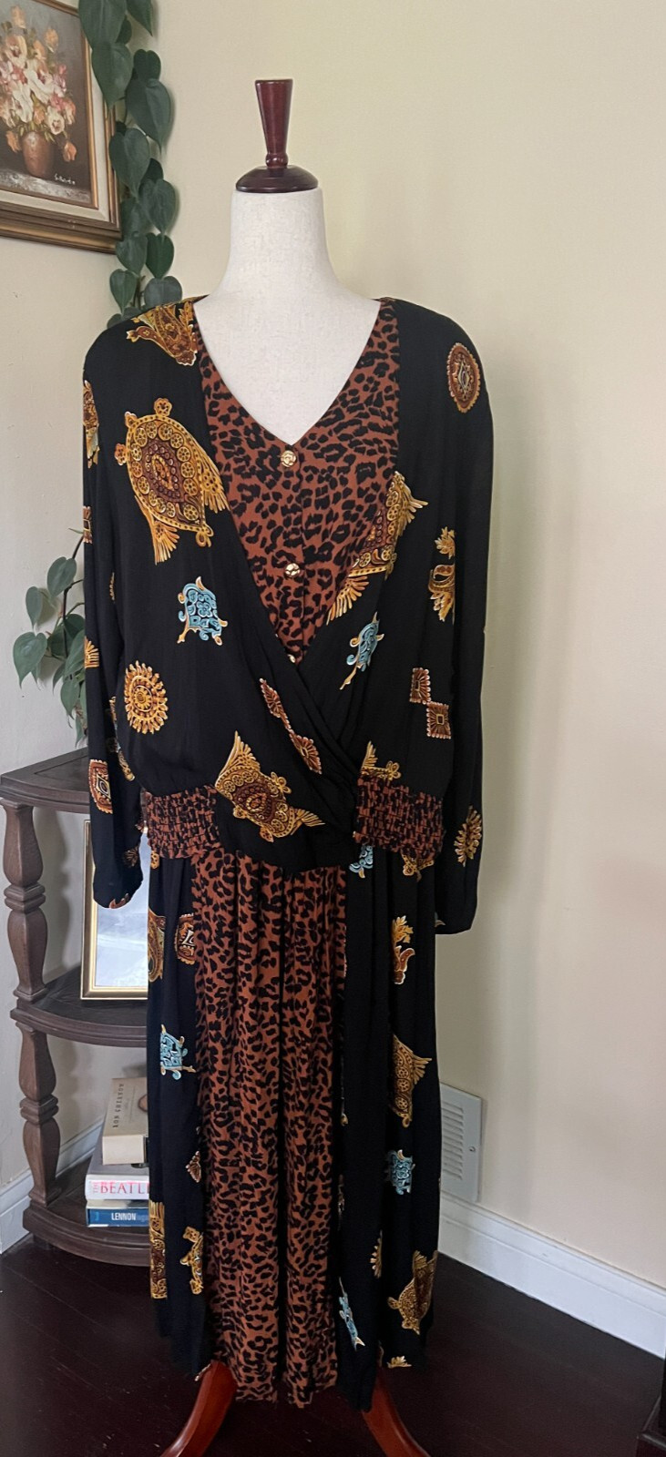Vintage Ms Interpret New York Top and Skirt Set sz L Black Animal Print