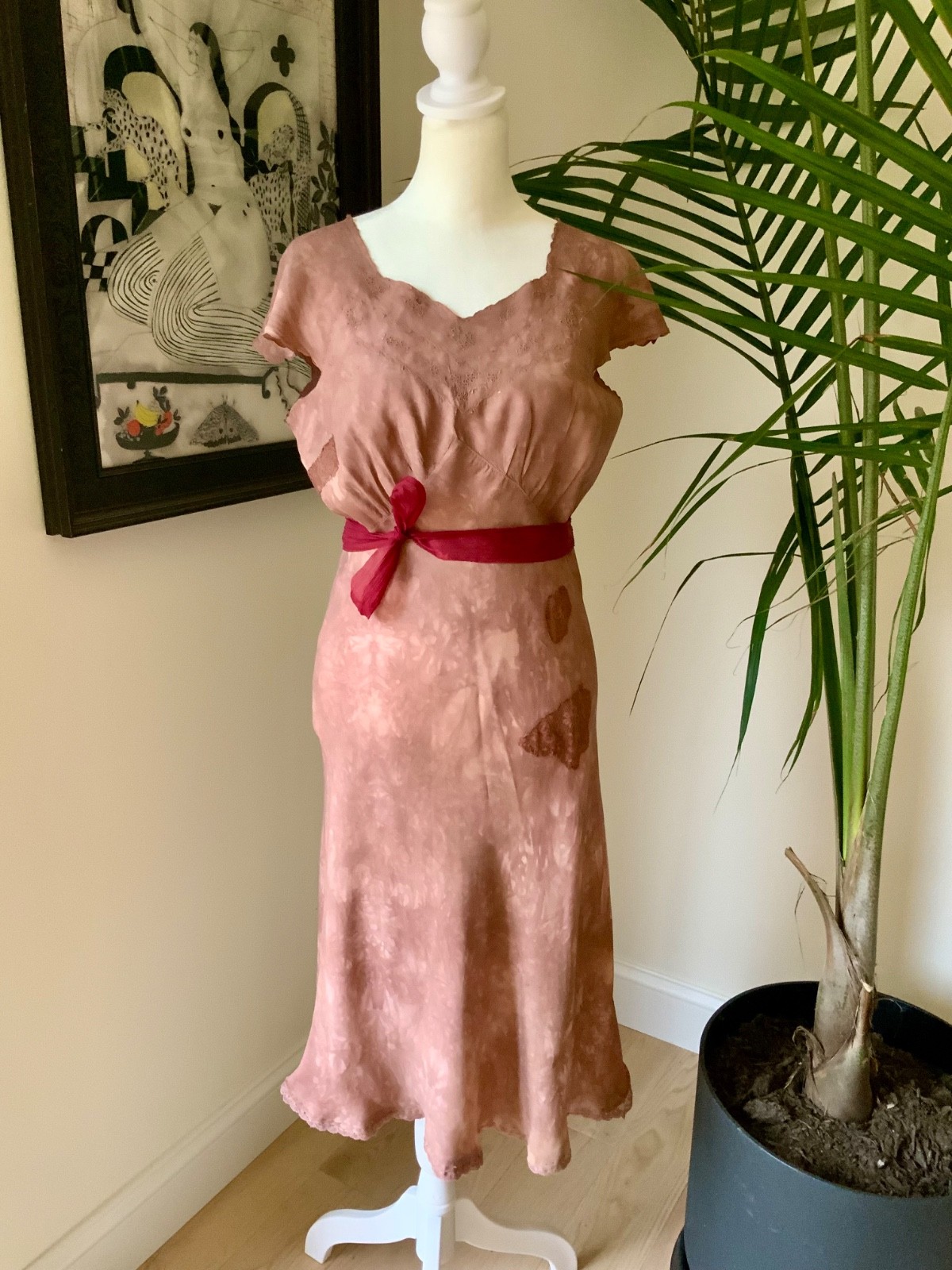 1930s Hand Dyed Silk Dress | Artistically Restored Vintage Lace Appliqué Dress