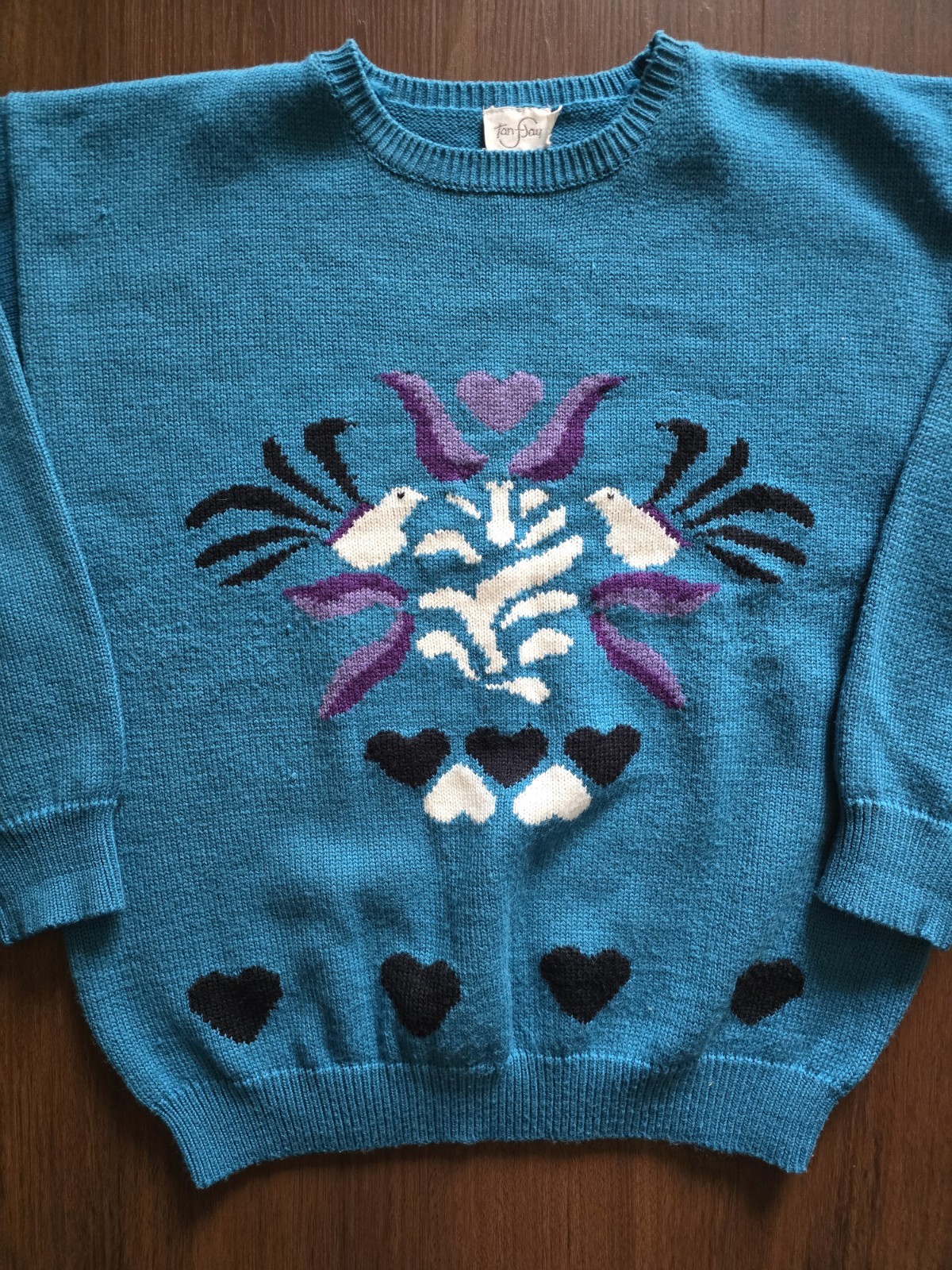 Vintage Valentines Love Birds Womens Sweater Size XL TanJay 80s 90s Wool Blend