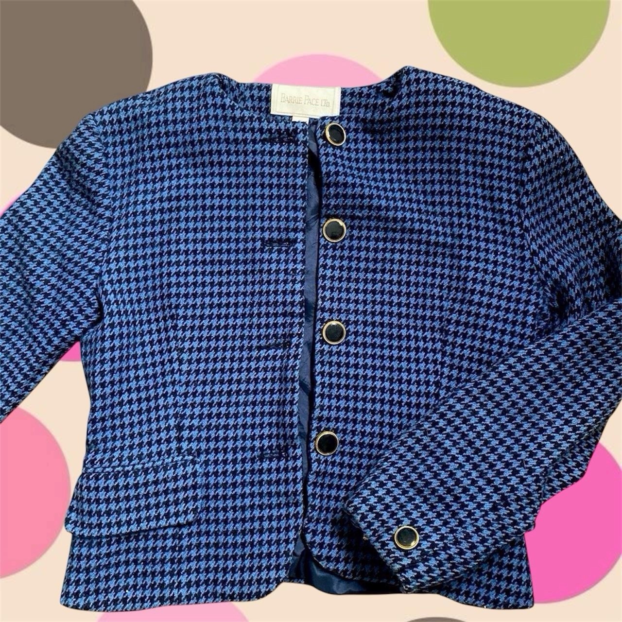 Vintage Rare 90s Y2K Blue And Black Houndstooth Blazer Gold Buttons