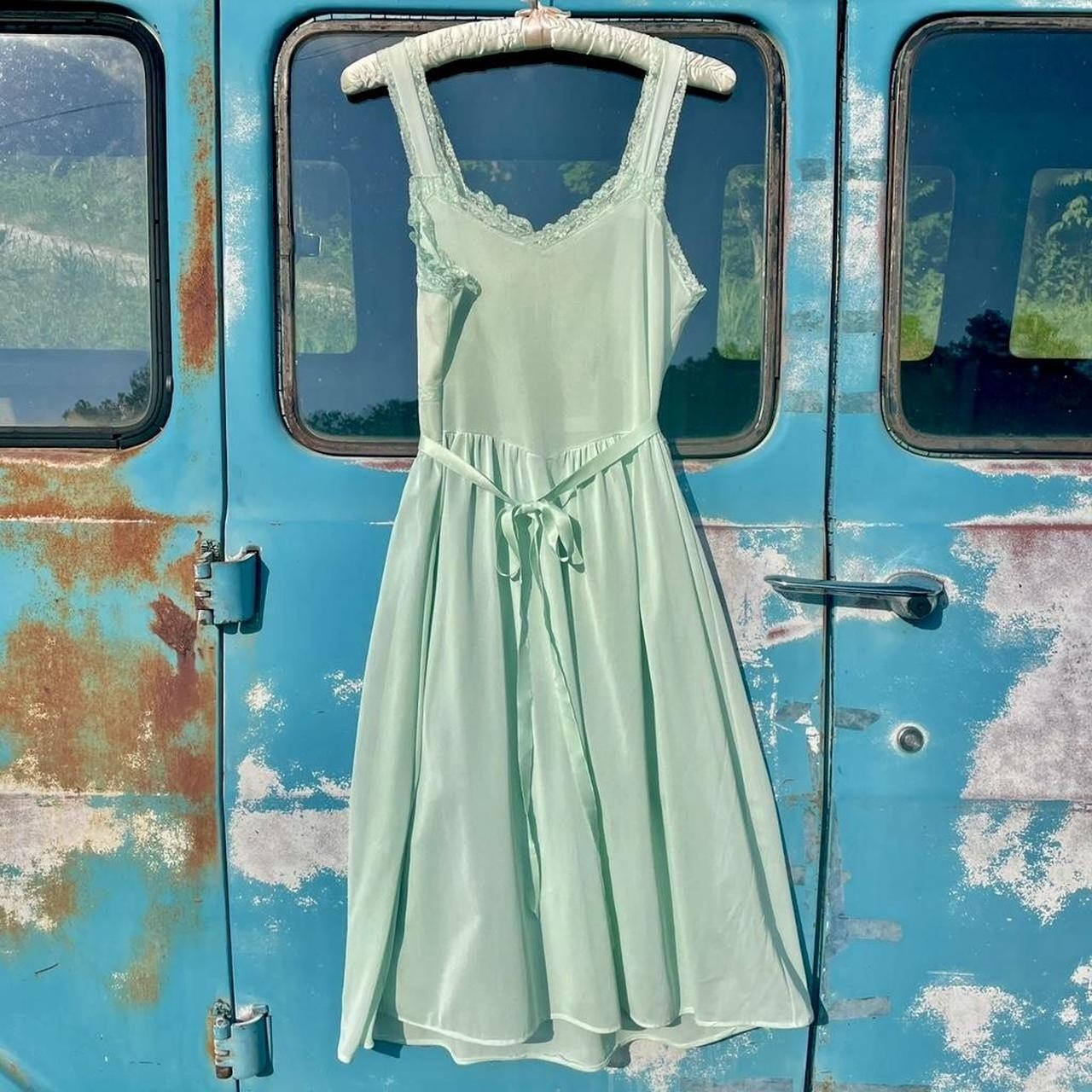 40s mint green nightgown slip dress w/long ribbon waist