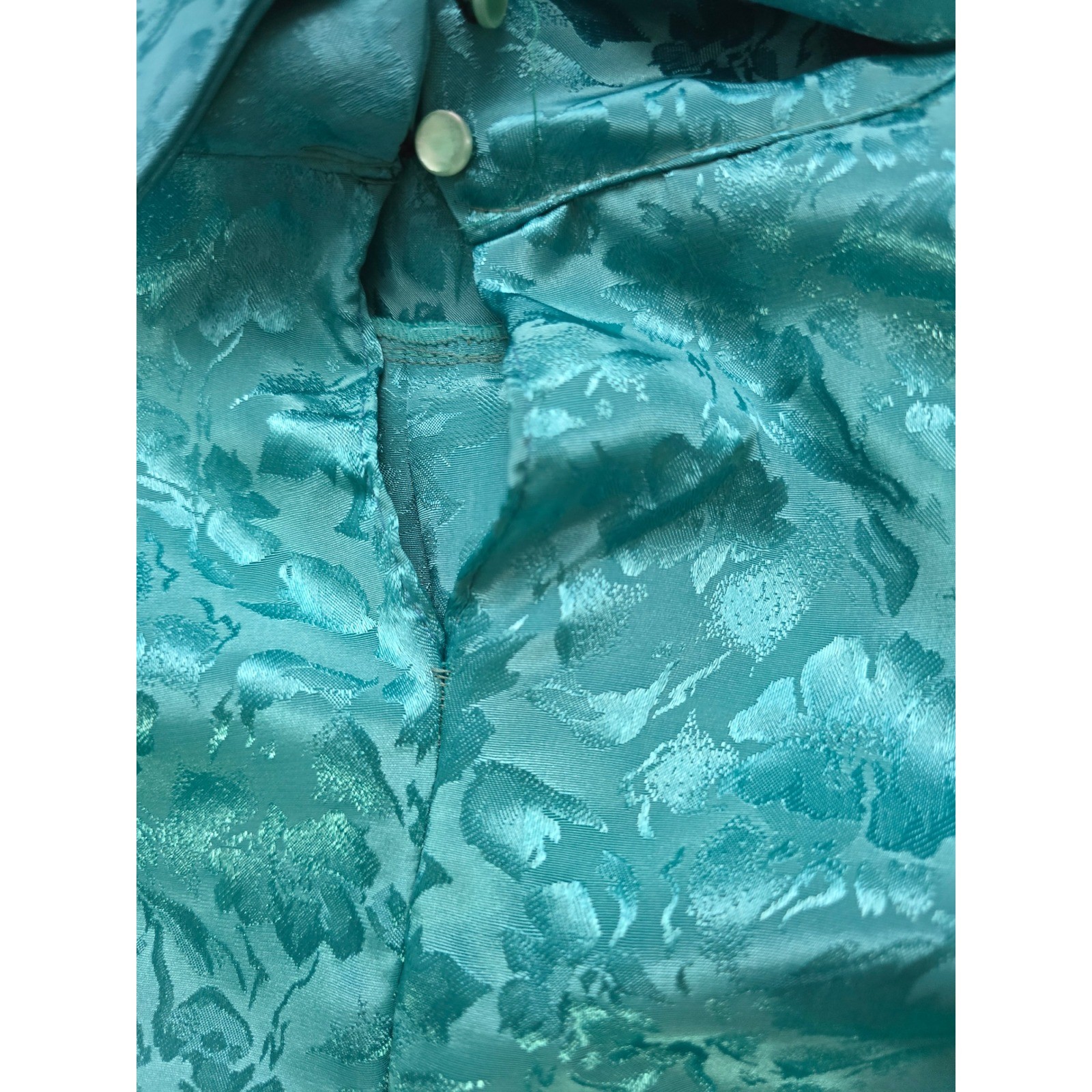 Cindy Collins Vintage Emerald Green Floral Jacquard Mock Neck Blouse Large USA