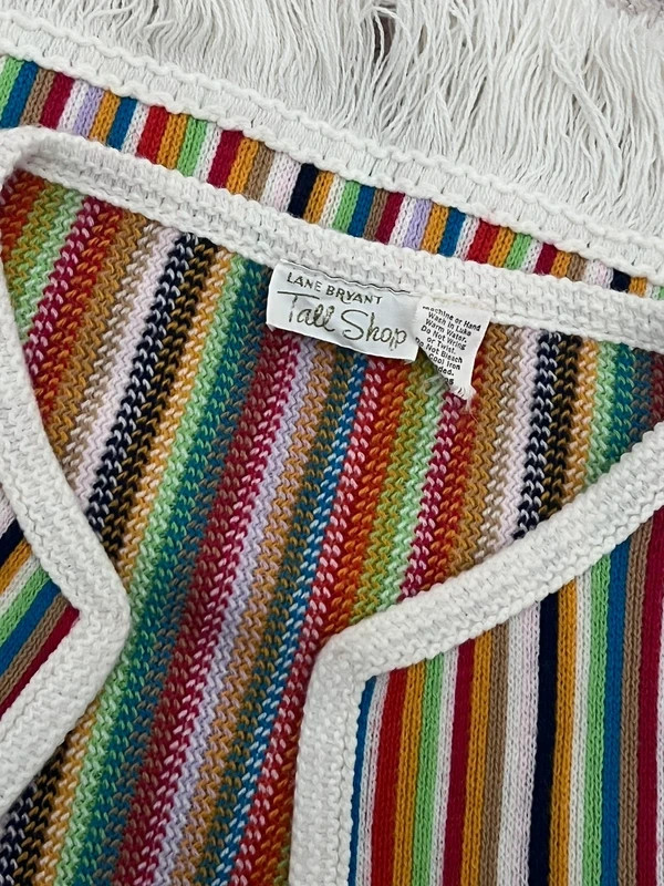 Vintage 1970s Lane Bryant Boho Knit Rainbow Hippie Vest Fringe