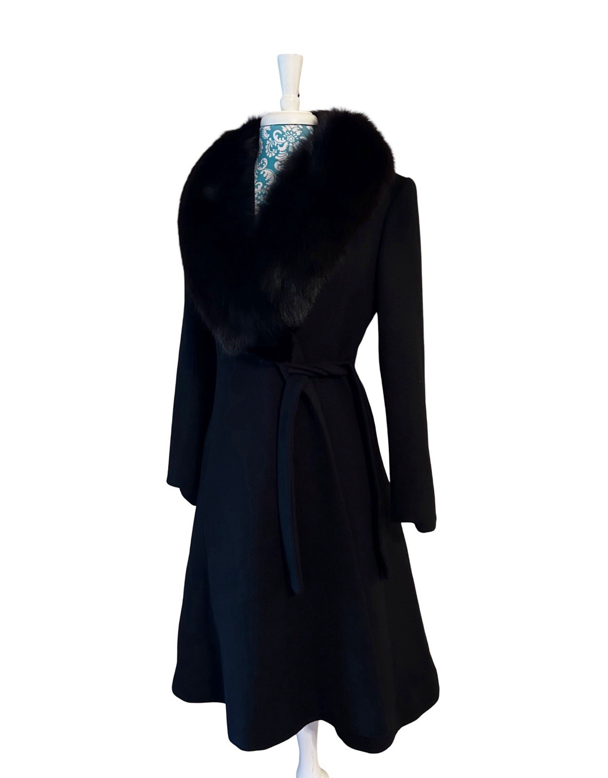 Vtg Fox Fur Black Wool Skirted Coat Pinup Bombshell Soft Girl Old Money Romantic