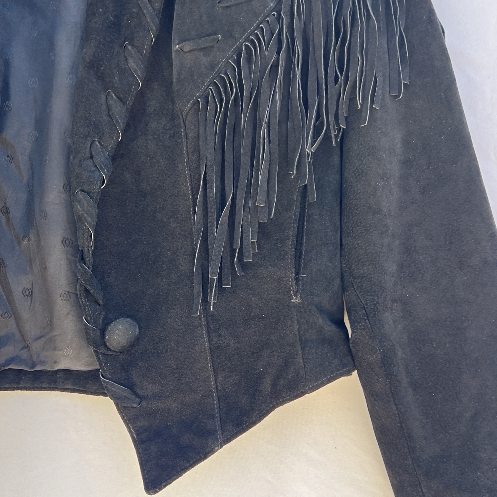 Vtg Phoenix Black Suede Fringe Western Jacket Cropped Whipstitching USA Sz M